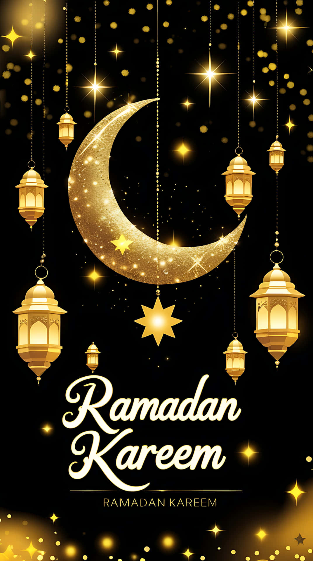 Elegant Ramadan Kareem Greeting with Golden Lanterns and Crescent Moon. smartphone wallpaper 壁紙 — 金色新月和懸掛的燈籠在佈滿星星的黑色夜空下閃爍，並帶有 Ramadan Kareem 文字。