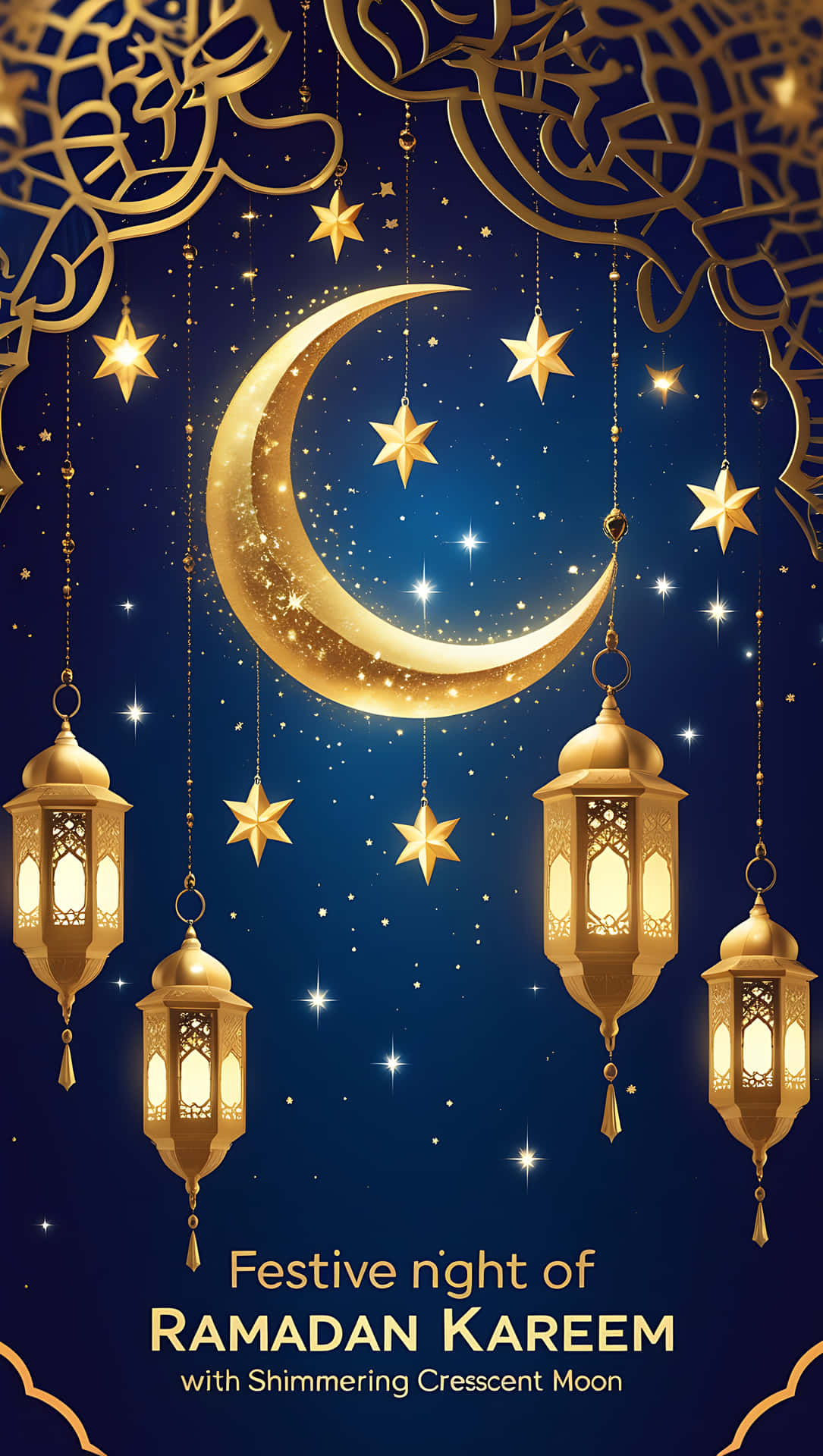 Festive Night of Ramadan Kareem with Shimmering Crescent Moon. smartphone wallpaper 壁紙 — 金色新月和星星懸掛在發光的燈籠之間，映襯著深藍色的夜空。