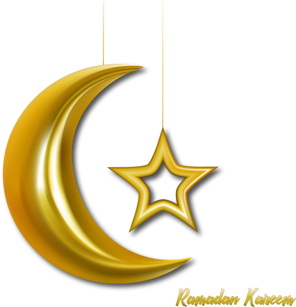 Ramadan Kareem 桌布 壁紙 — 金色新月和星星懸掛在黑色背景上，下方有「Ramadan Kareem」文字。