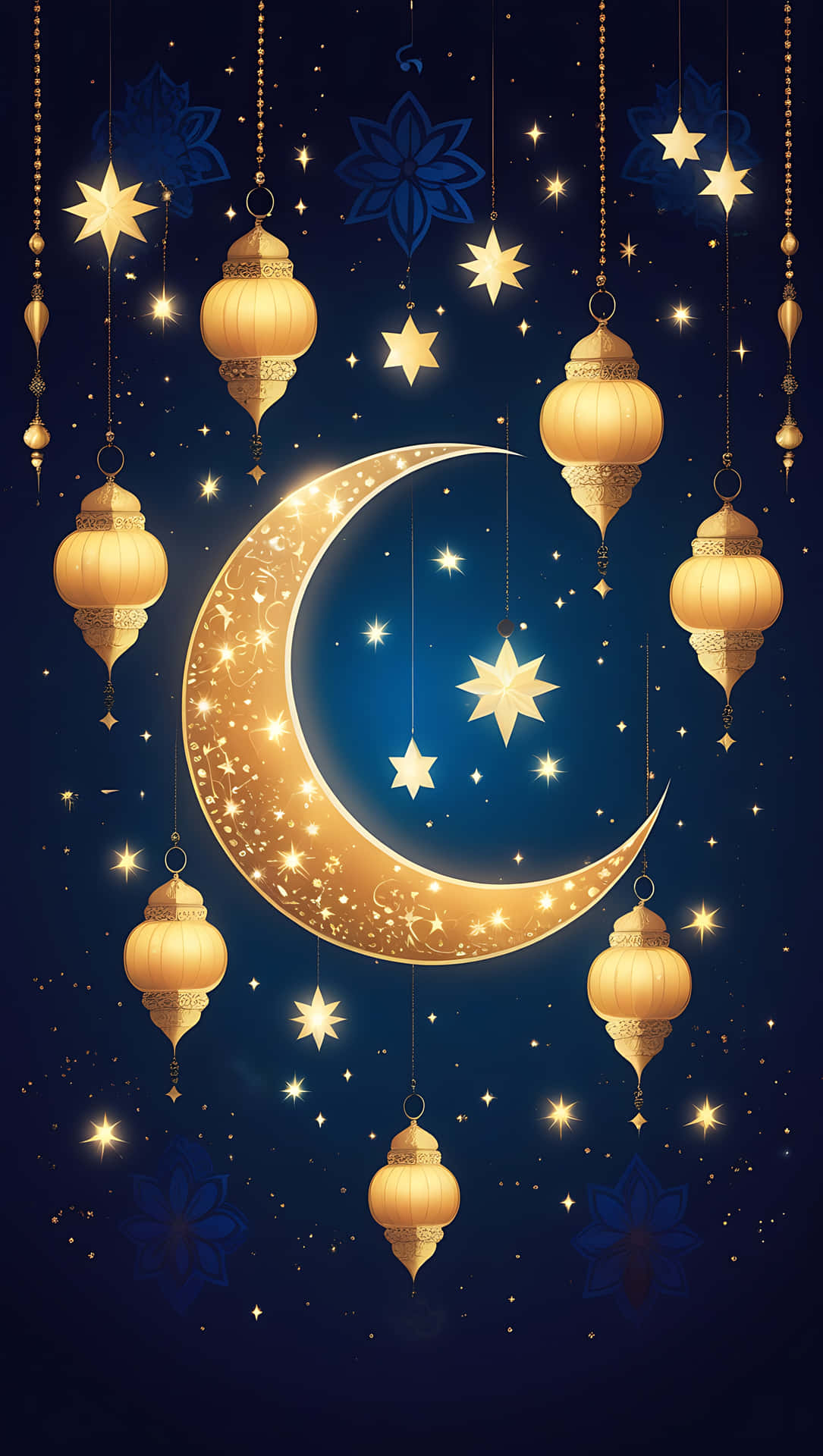 Festive Night of Ramadan Kareem with Shimmering Crescent Moon. smartphone wallpaper 壁紙 — 金色新月和星星掛在繩子上，襯托著點綴著閃爍燈光和花卉圖案的深藍色夜空。