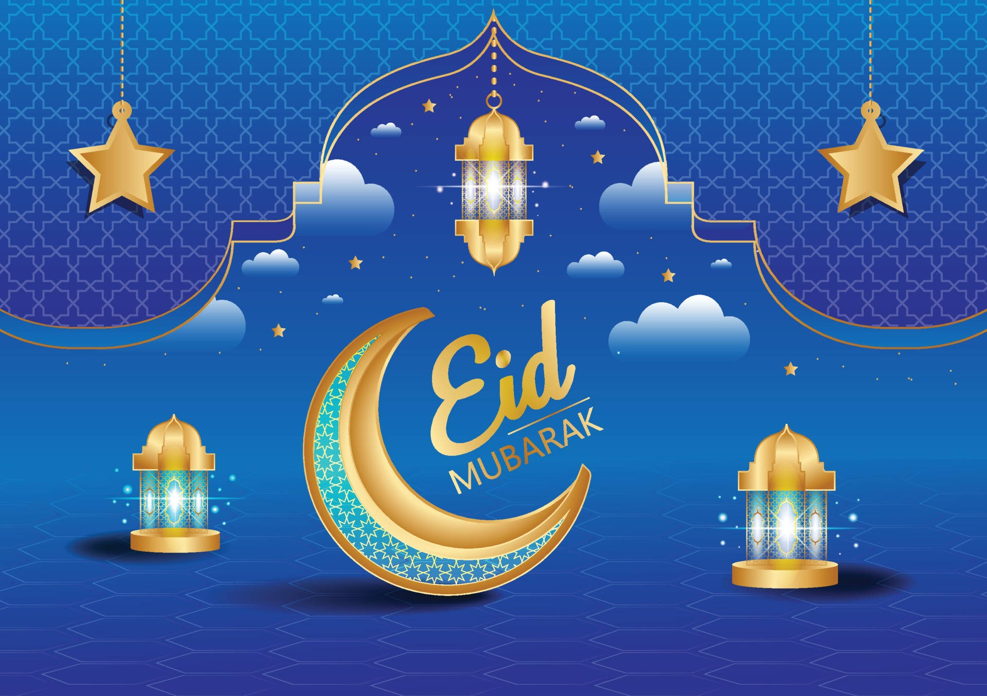 Eid Mubarak 桌布 壁紙 — 金色新月和燈籠在深藍色圖案天空中的星星和雲朵襯托下閃耀，慶祝開齋節。