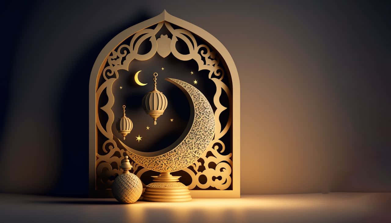 Ramadan 桌布 壁紙 — 金色新月和燈籠在黑暗背景下透過華麗的拱形鏤空溫暖地發光。