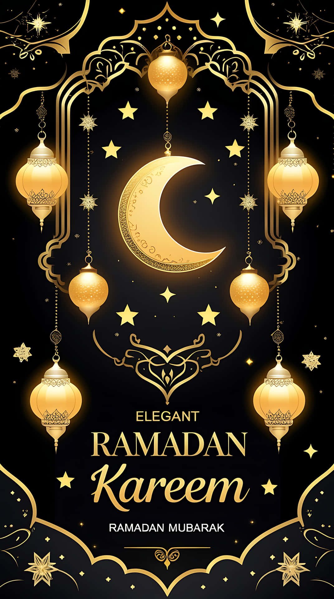 Elegant Ramadan Kareem with Golden Ornaments and Lanterns 壁紙 — 金色新月和燈籠懸掛在星星之間，黑色背景上帶有優雅的 Ramadan Kareem 文字。