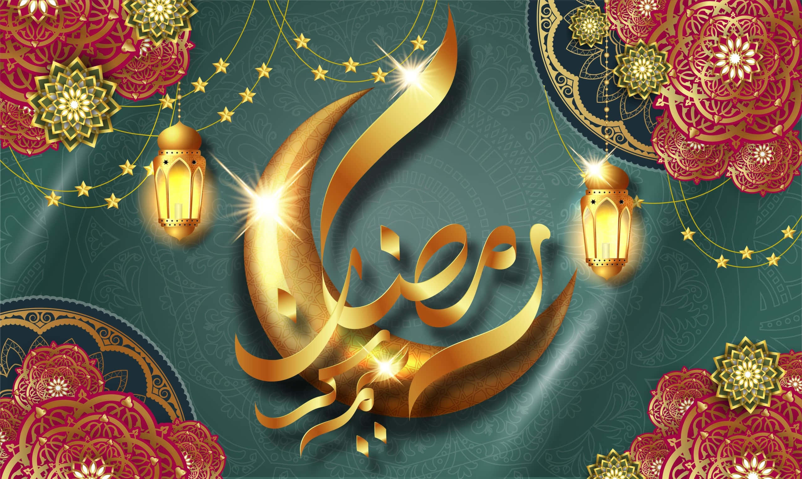 Ramadan Kareem 桌布 壁紙 — 金色新月和阿拉伯書法 'Ramadan' 在飾有紅色金色燈籠和花卉圖案的青綠色背景上發光。