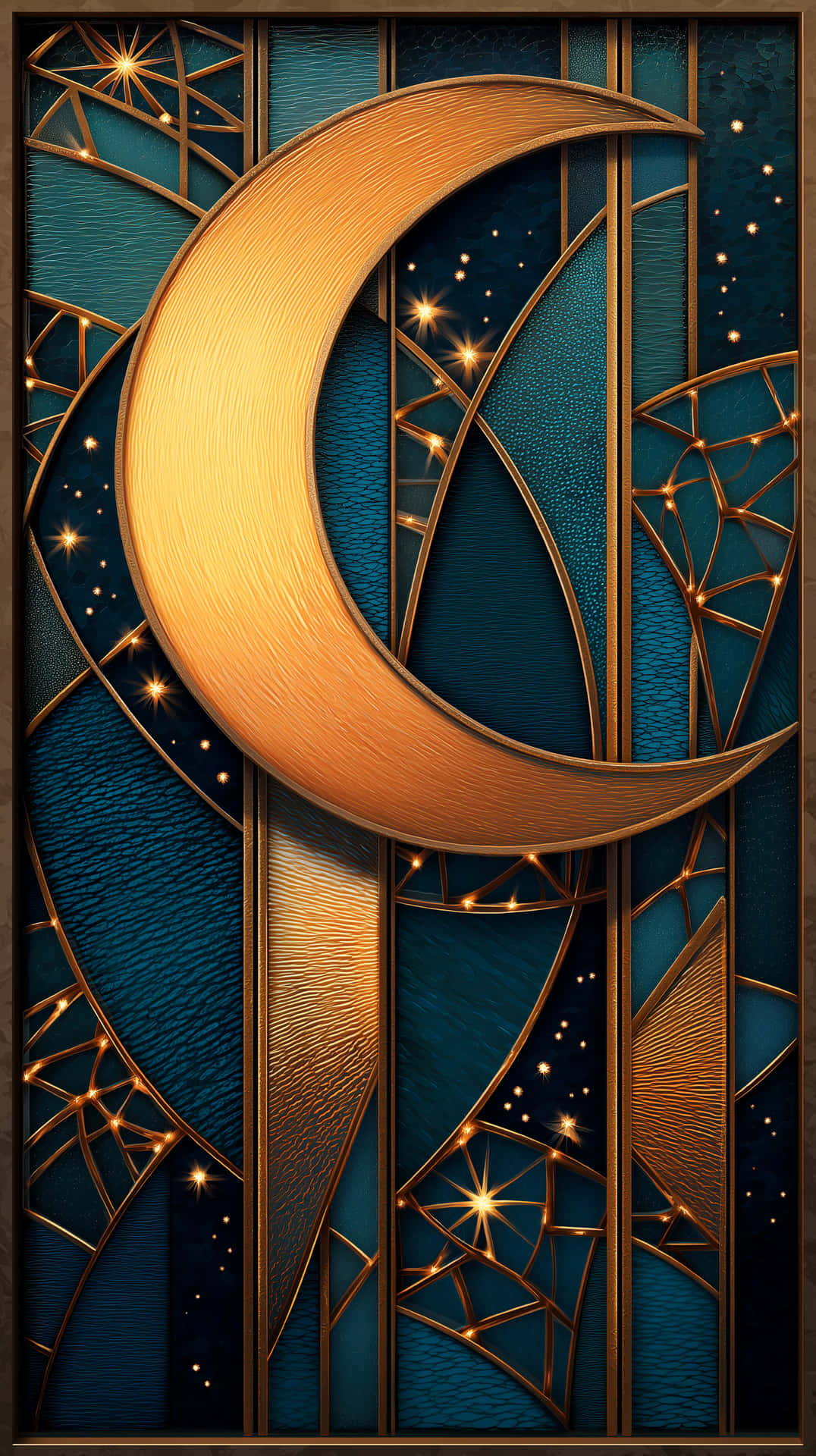 Art Deco Stained Glass with Golden Moon and Stars 壁紙 — 金色新月在深藍色星空和幾何圖案的彩繪玻璃夜空中閃耀。