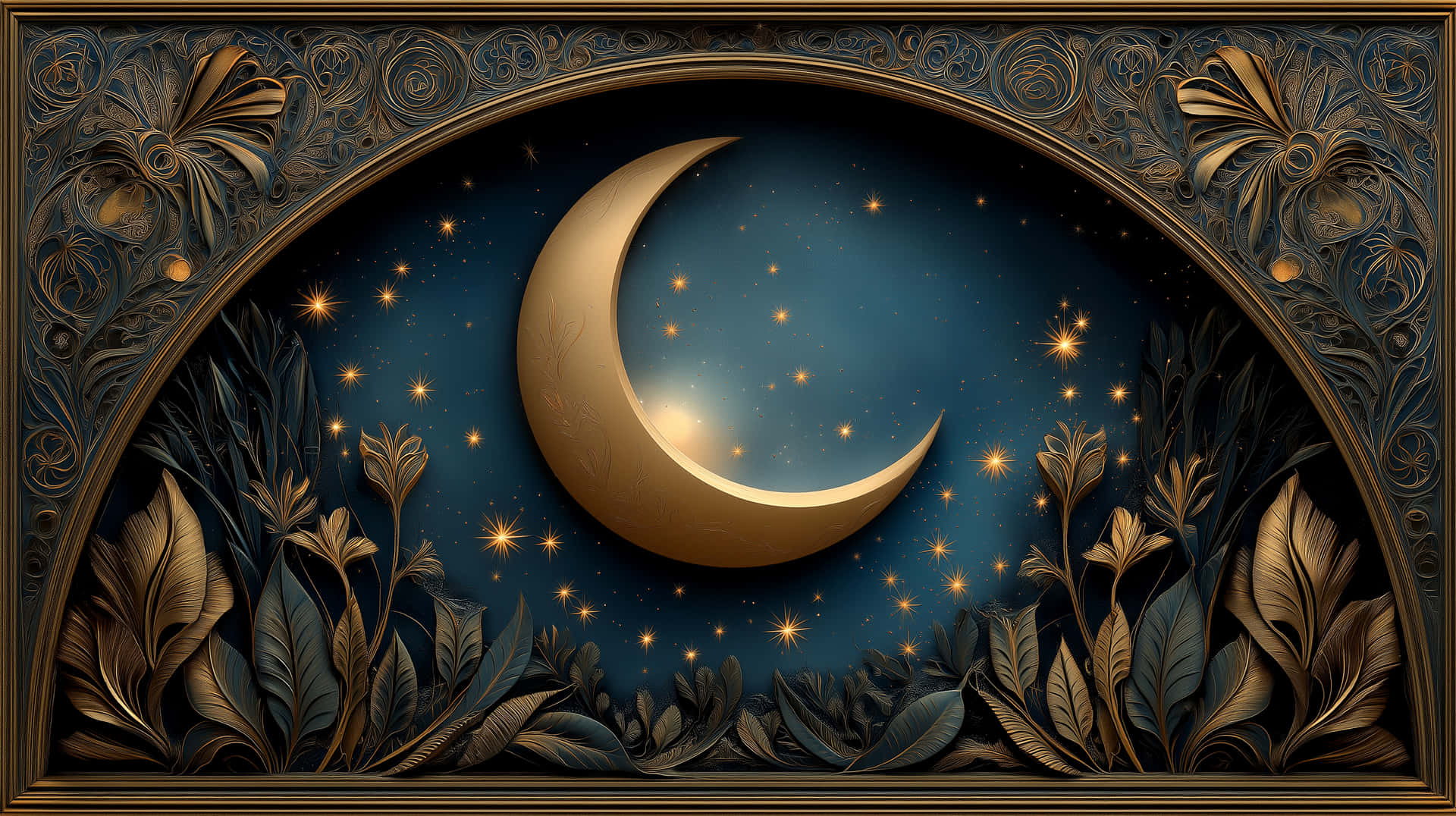 Elegant Arch with Golden Moon and Starry Foliage 壁紙 — 金色新月在閃爍的星星中發光，周圍是華麗的深藍色和金色葉子，鑲嵌在複雜的拱形邊框內。