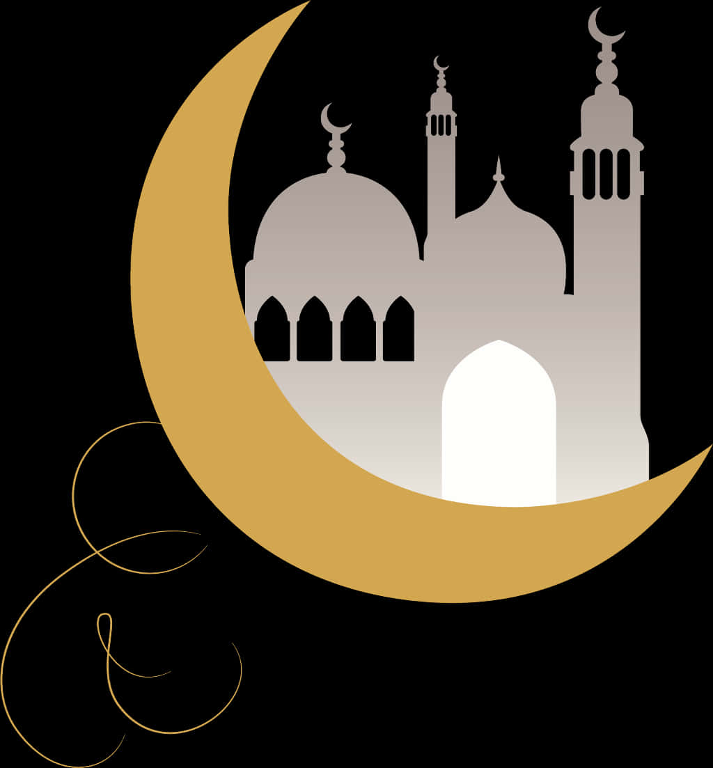 Mosque 桌布 壁紙 — 金色新月懷抱著極簡清真寺剪影，襯以黑色背景和優雅漩渦。