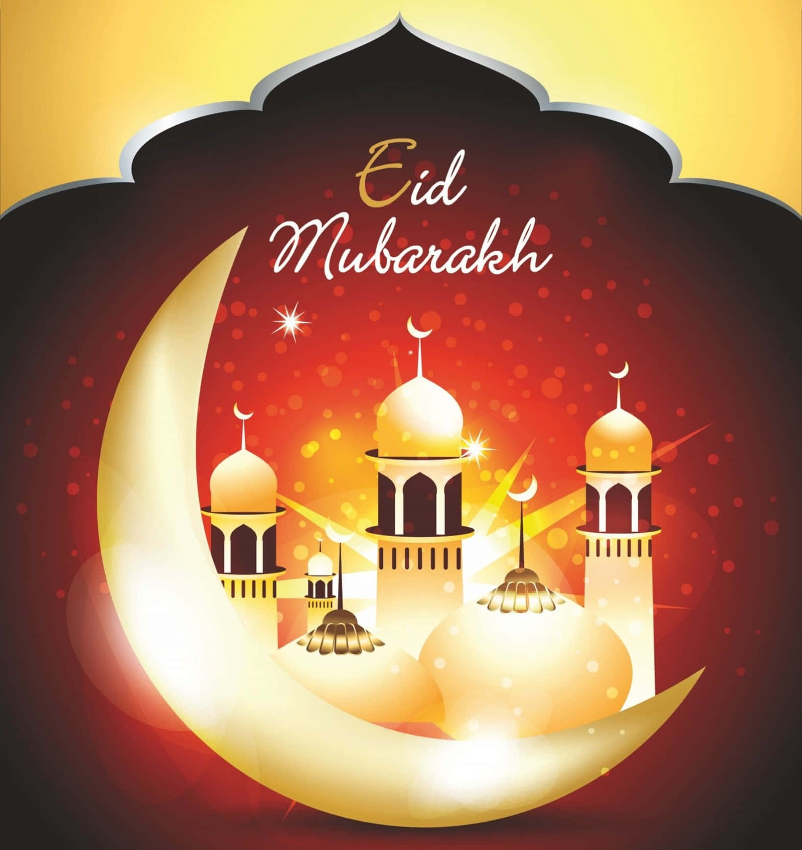 Eid 桌布 壁紙 — 金色新月懷抱著發光的清真寺圓頂，背景是燦爛的紅色和黃色節日背景，並有'Eid Mubarak'字樣。