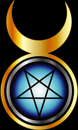 Pentagram 桌布 壁紙 — 金色新月懸浮在一個圓形獎章上方，獎章上有黑色五角星，背景是發光的藍色漸變。