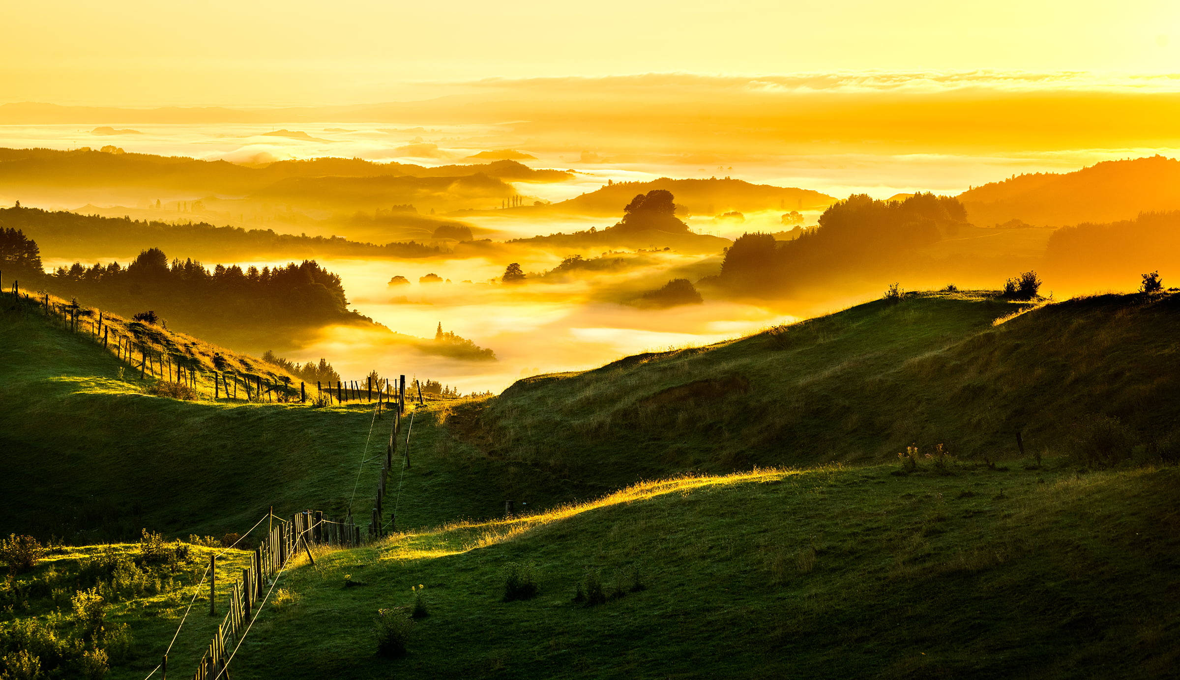 Green Hill 桌布 壁紙 — 金色日出以溫暖光芒沐浴連綿起伏的綠色山丘，薄霧飄過下方的山谷。