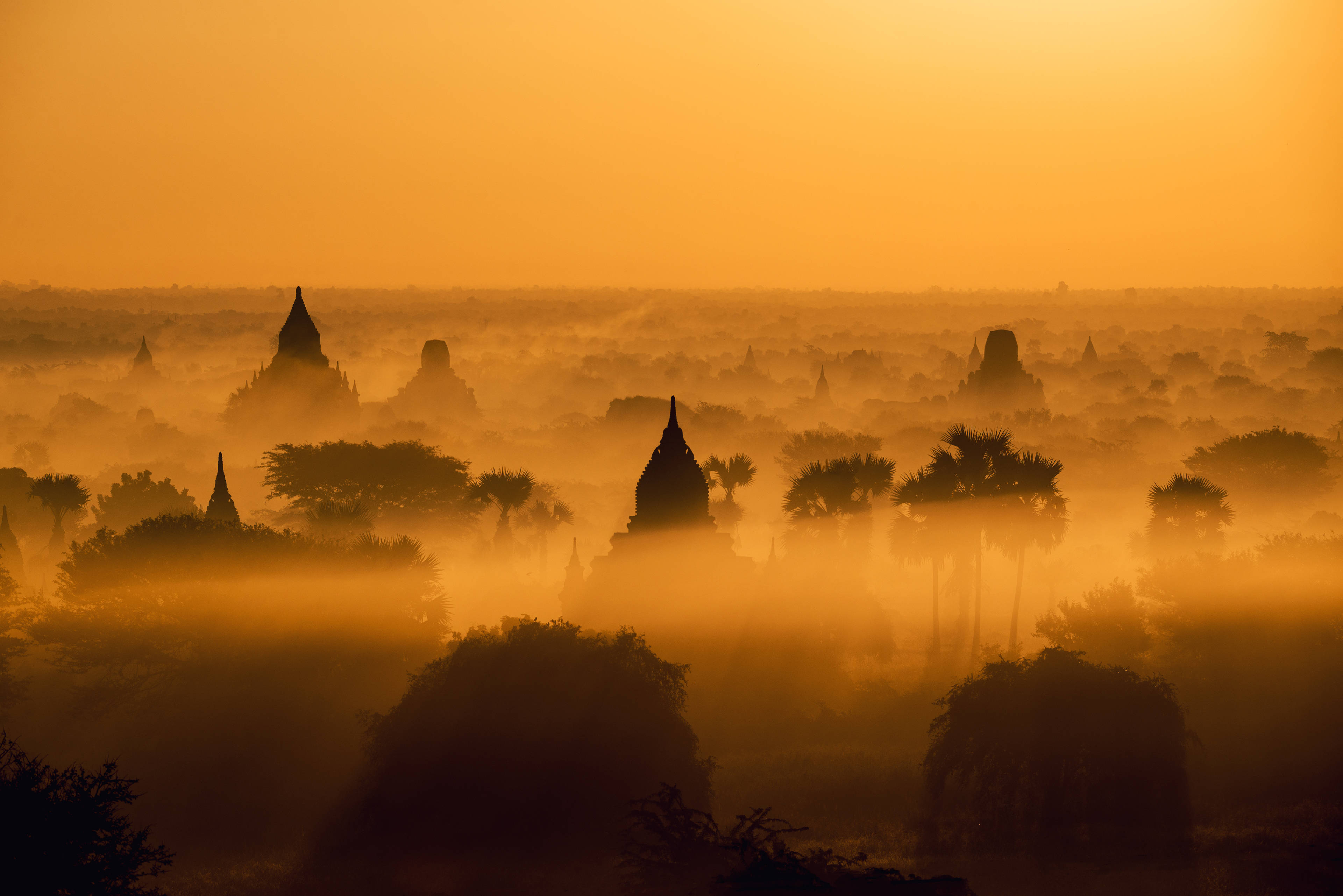 Burma 桌布 壁紙 — 金色日出沐浴在霧中的古老佛塔，覆蓋廣闊寧靜的景觀。
