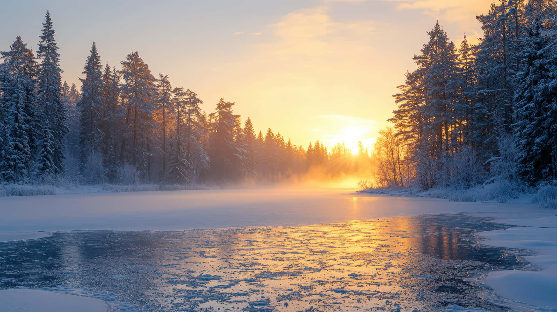 Stunning Winter Sunrise Over a Frozen River in a Snowy Forest 壁紙 — 金色日出穿過積雪的松樹，照耀在結冰的湖面上，冰水上升起薄霧。