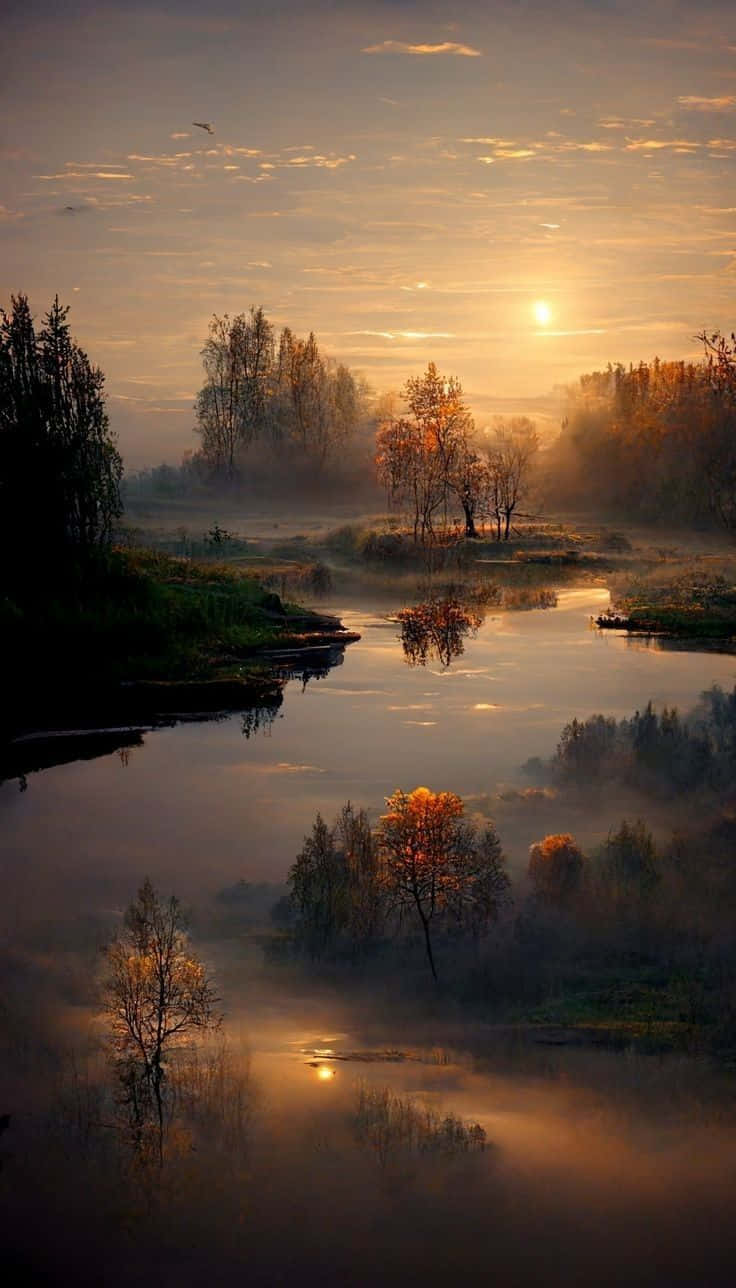 Beautiful Autumn 桌布 壁紙 — 金色日出穿過薄霧，映照在平靜的河面上，倒映著秋樹和柔軟的雲朵。