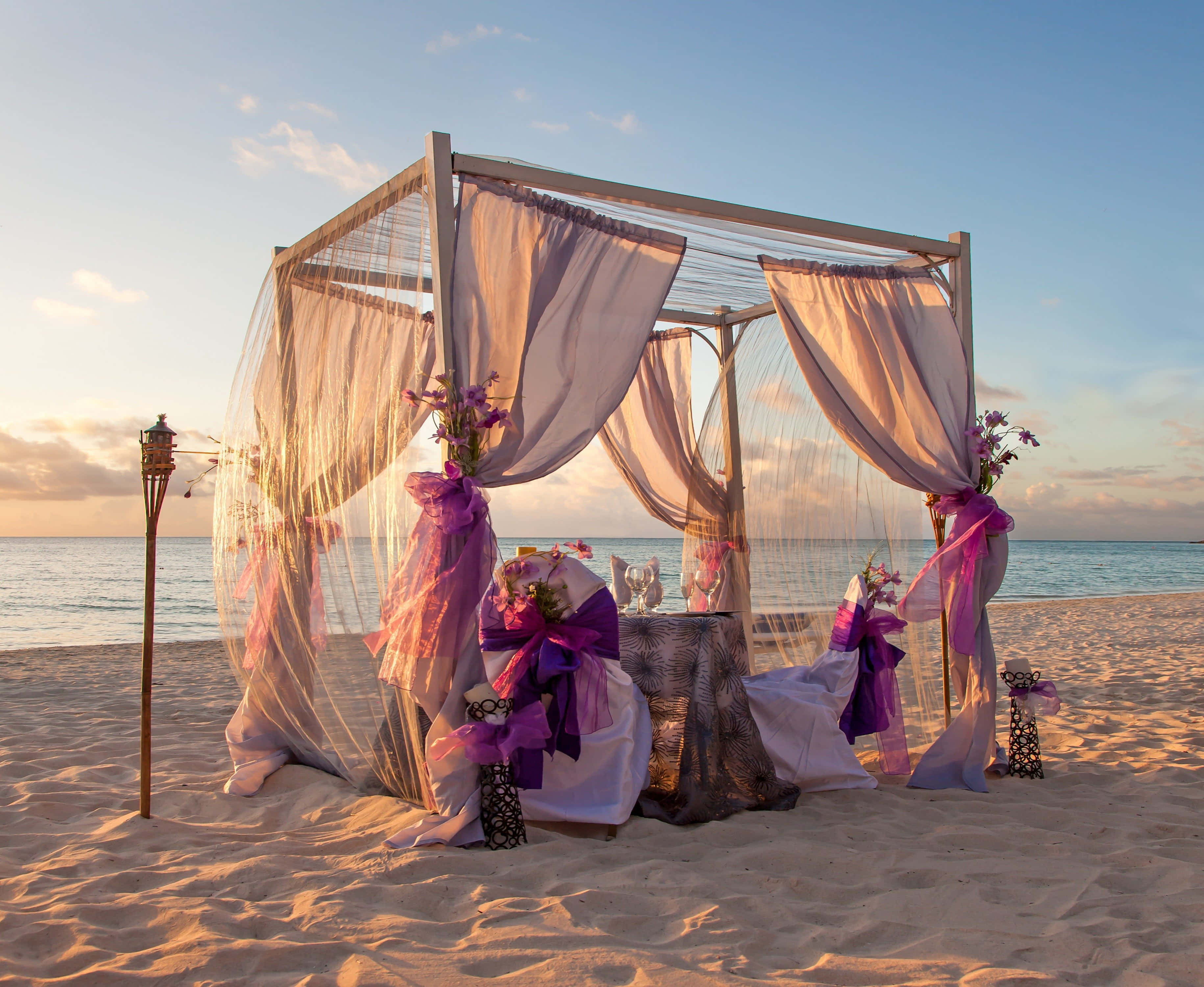 Wedding 桌布 壁紙 — 金色日落天空下，以紫色帷幔和鮮花佈置的浪漫海灘婚禮場景。