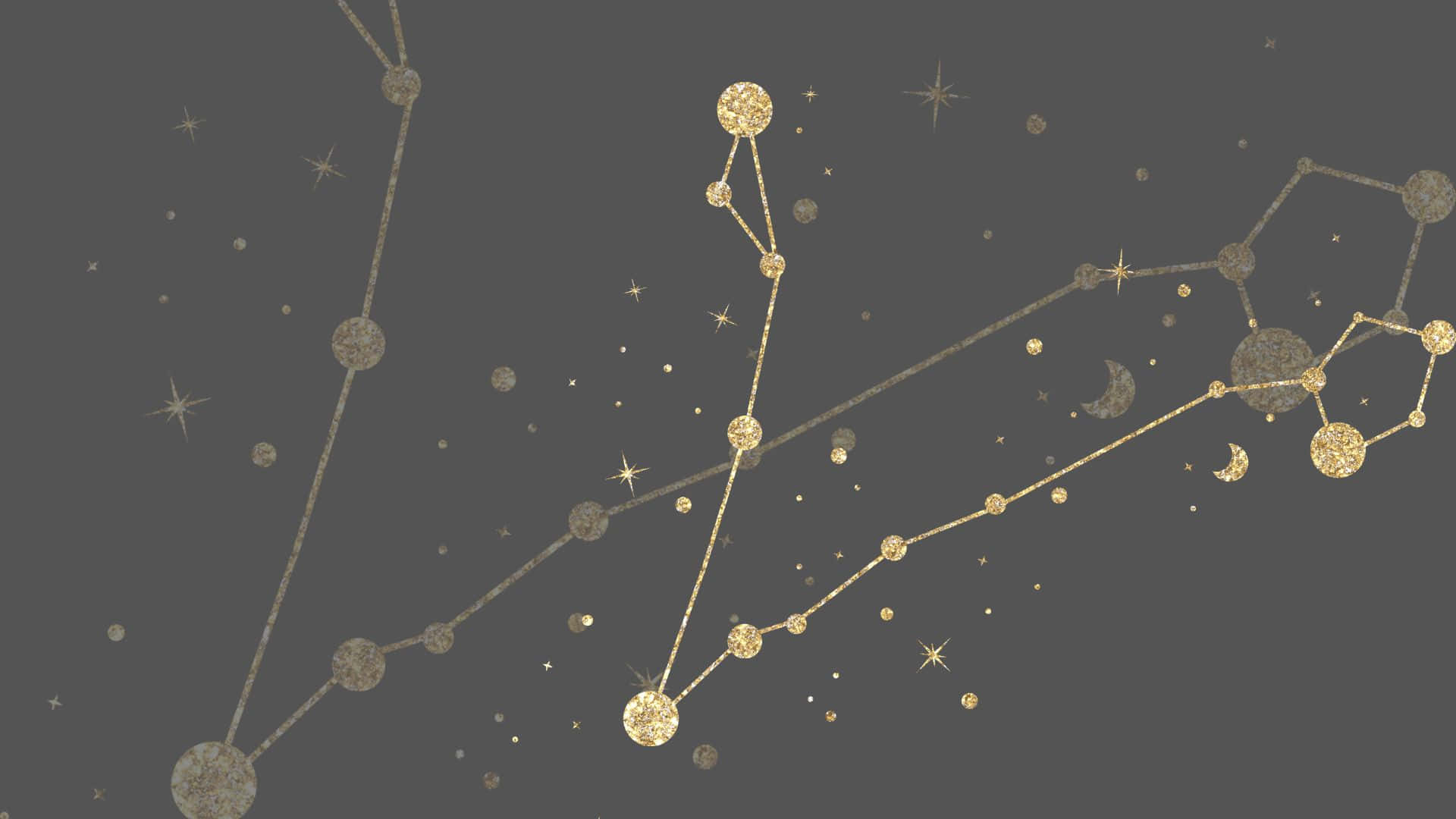 Constellations 桌布 壁紙 — 金色星座和星星在帶有新月形月亮的深灰色夜空中閃爍。