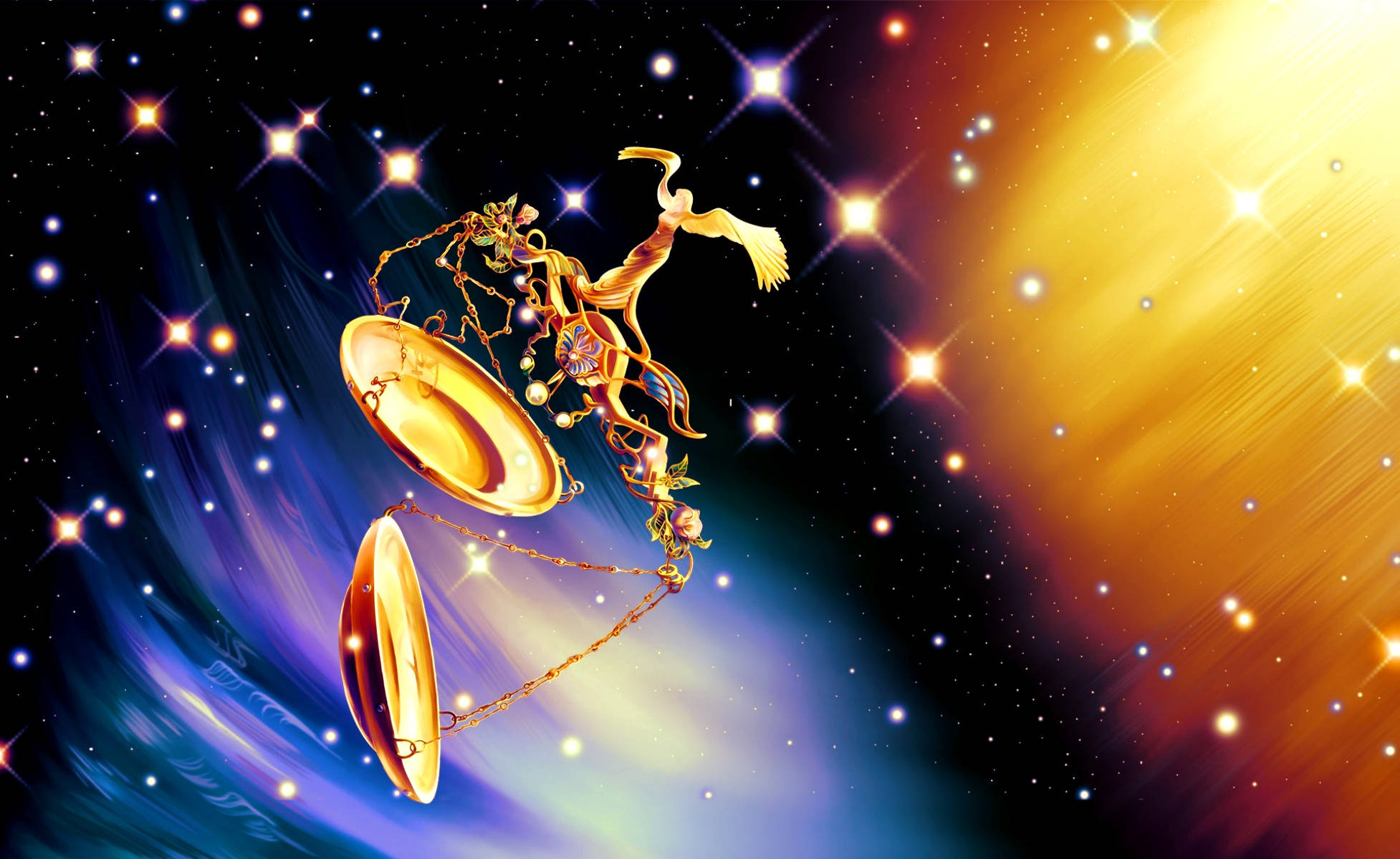 Horoscope 桌布 壁紙 — 金色星座天秤座，帶有華麗的天秤，在藍色和金色的宇宙漸變中，漂浮在閃爍的星星之間。