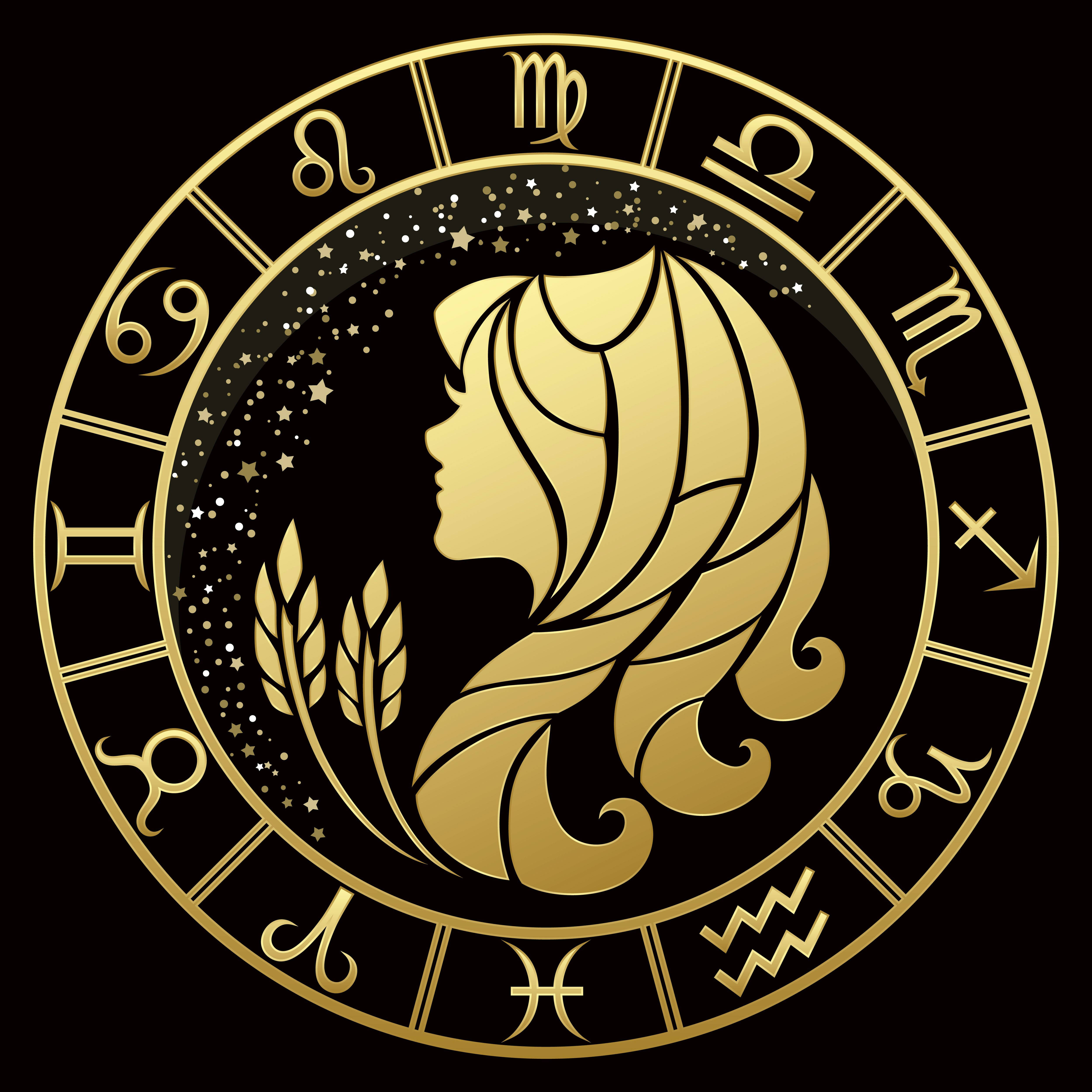 zodiac 桌布 壁紙 — 金色星座輪盤，帶有女性側影和小麥穗，背景為星空黑色。