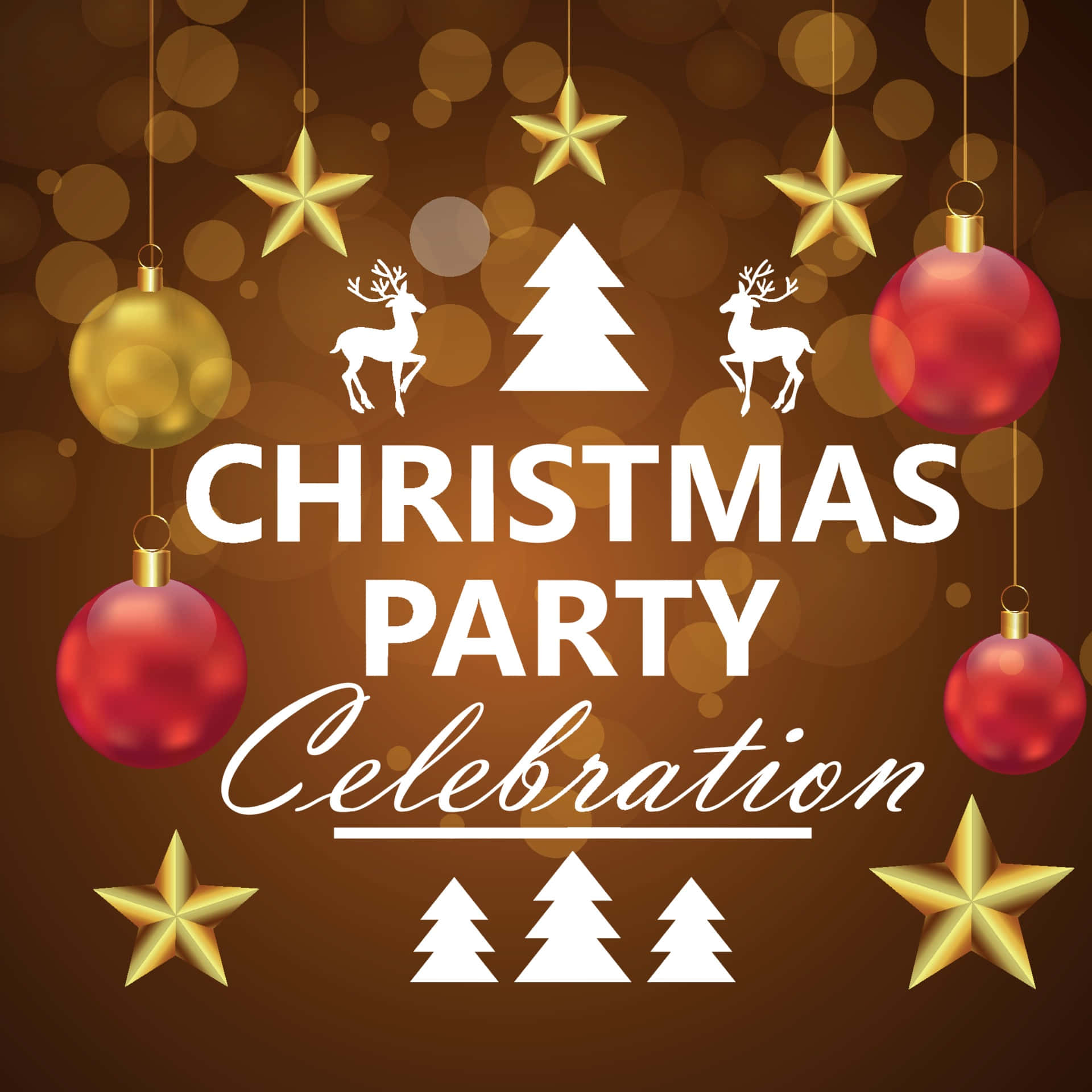 Christmas Flyer 桌布 壁紙 — 金色星星、紅色裝飾球和白色馴鹿圖標懸掛在溫暖的散景背景上，慶祝聖誕派對。