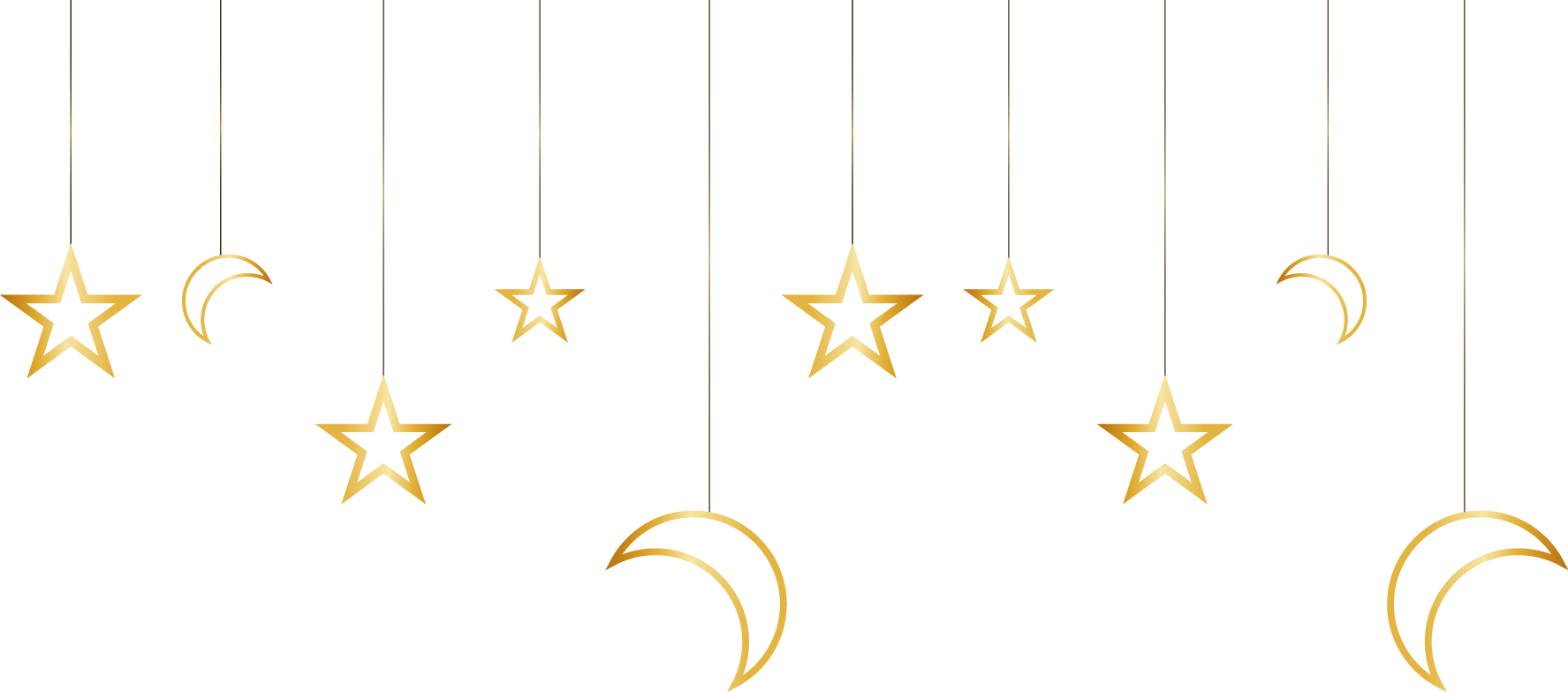 Stars Clipart 桌布 壁紙 — 金色星星和新月以細線懸掛在潔白背景上，呈現極簡設計。