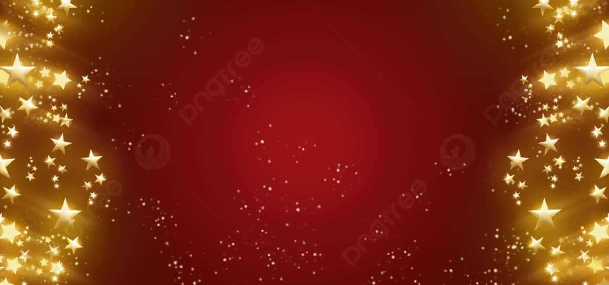 Christmas Star 桌布 壁紙 — 金色星星和閃爍光芒框住一個豐富的紅色背景，呈現節日數位設計。