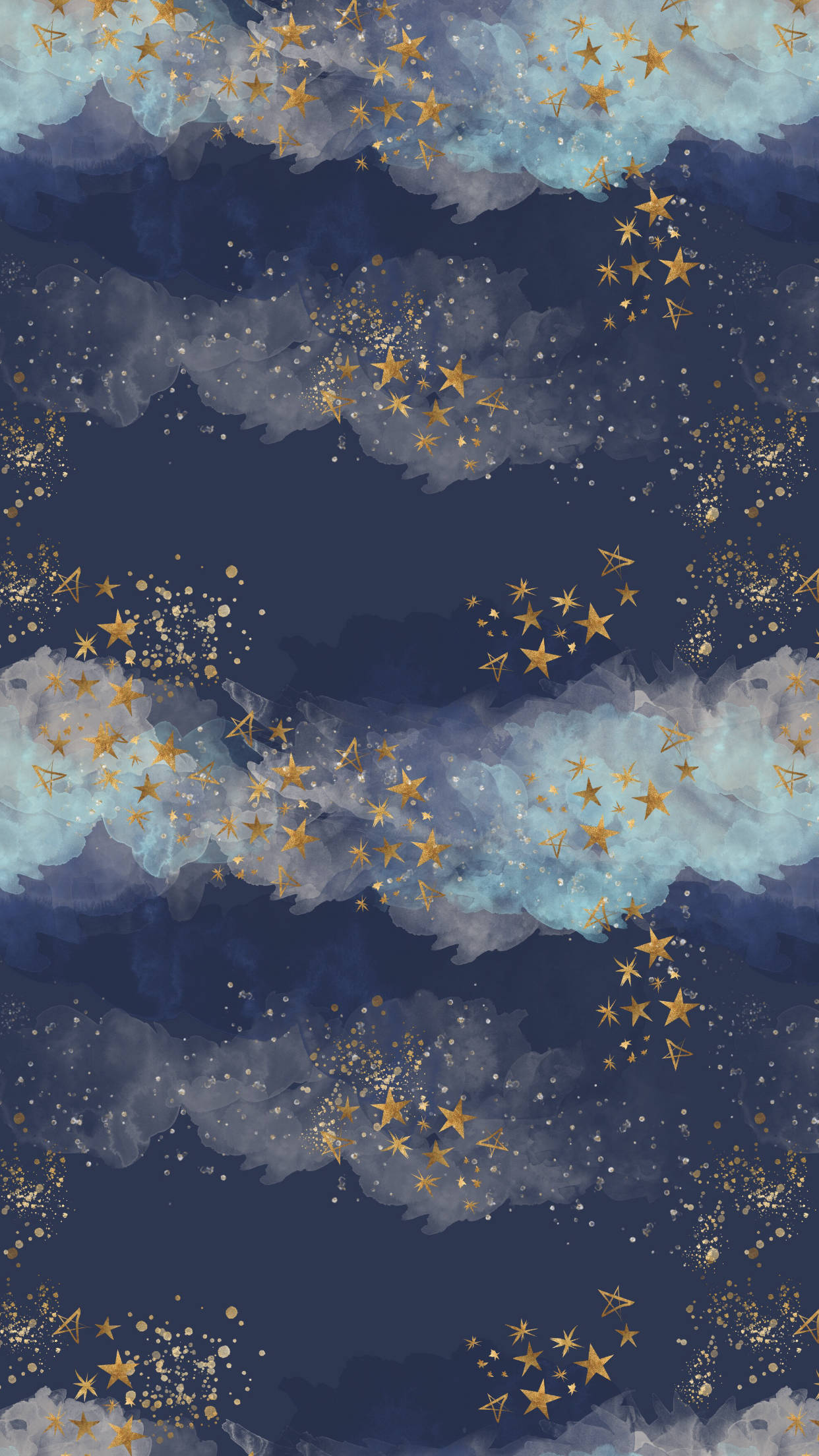 Indigo Aesthetic 桌布 壁紙 — 金色星星在深藍色夜空中的柔和藍灰色水彩雲層中閃爍。