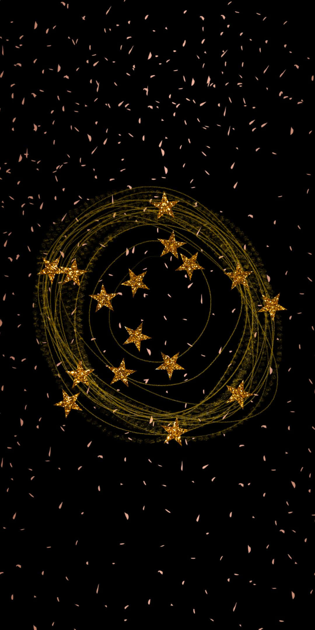 Stars 桌布 壁紙 — 金色星星在發光環中運行，黑色背景上散落著飄落的玫瑰花瓣。