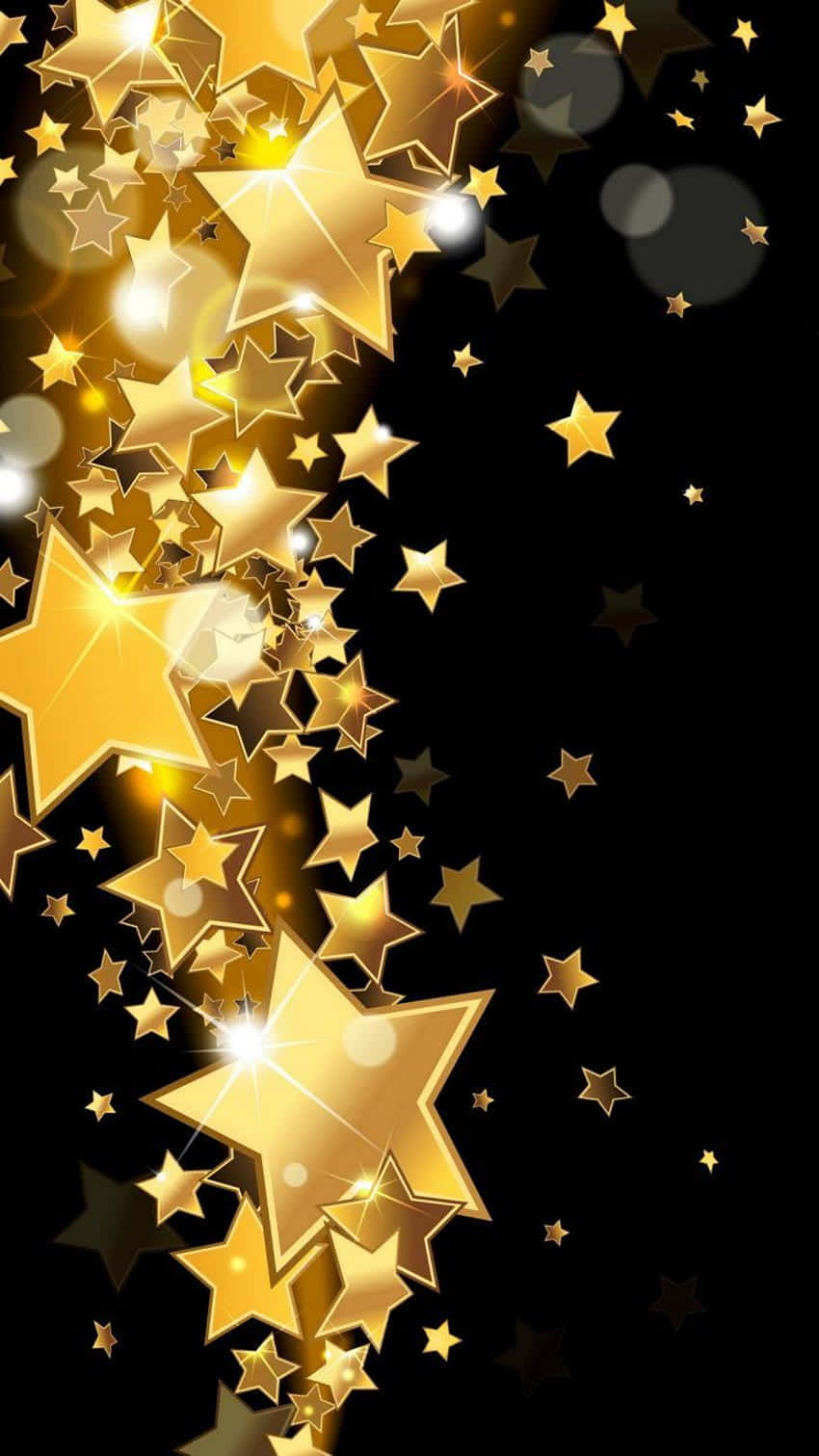 Gold Stars 桌布 壁紙 — 金色星星沿對角線傾瀉而下，背景為黑色，帶有發光高光和散景效果。