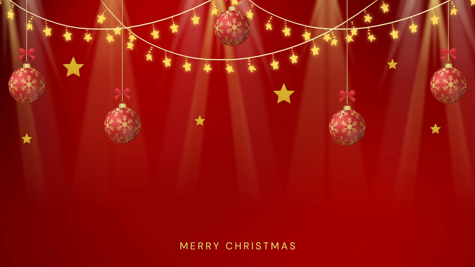 Microsoft Teams Christmas 桌布 壁紙 — 金色星星燈光和帶圖案的紅色裝飾品懸掛在閃爍的紅色背景上，並帶有'Merry Christmas'文字。