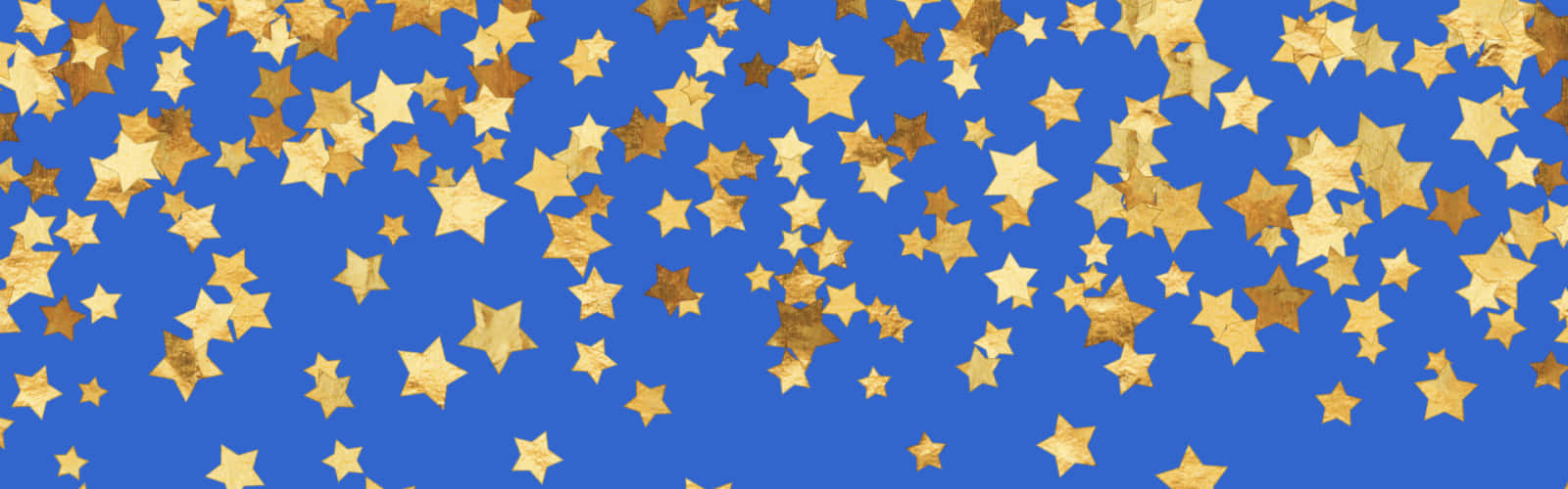 Gold Stars 桌布 壁紙 — 金色星星紙屑漂浮在充滿活力的藍色背景上，形成節日慶祝圖案。