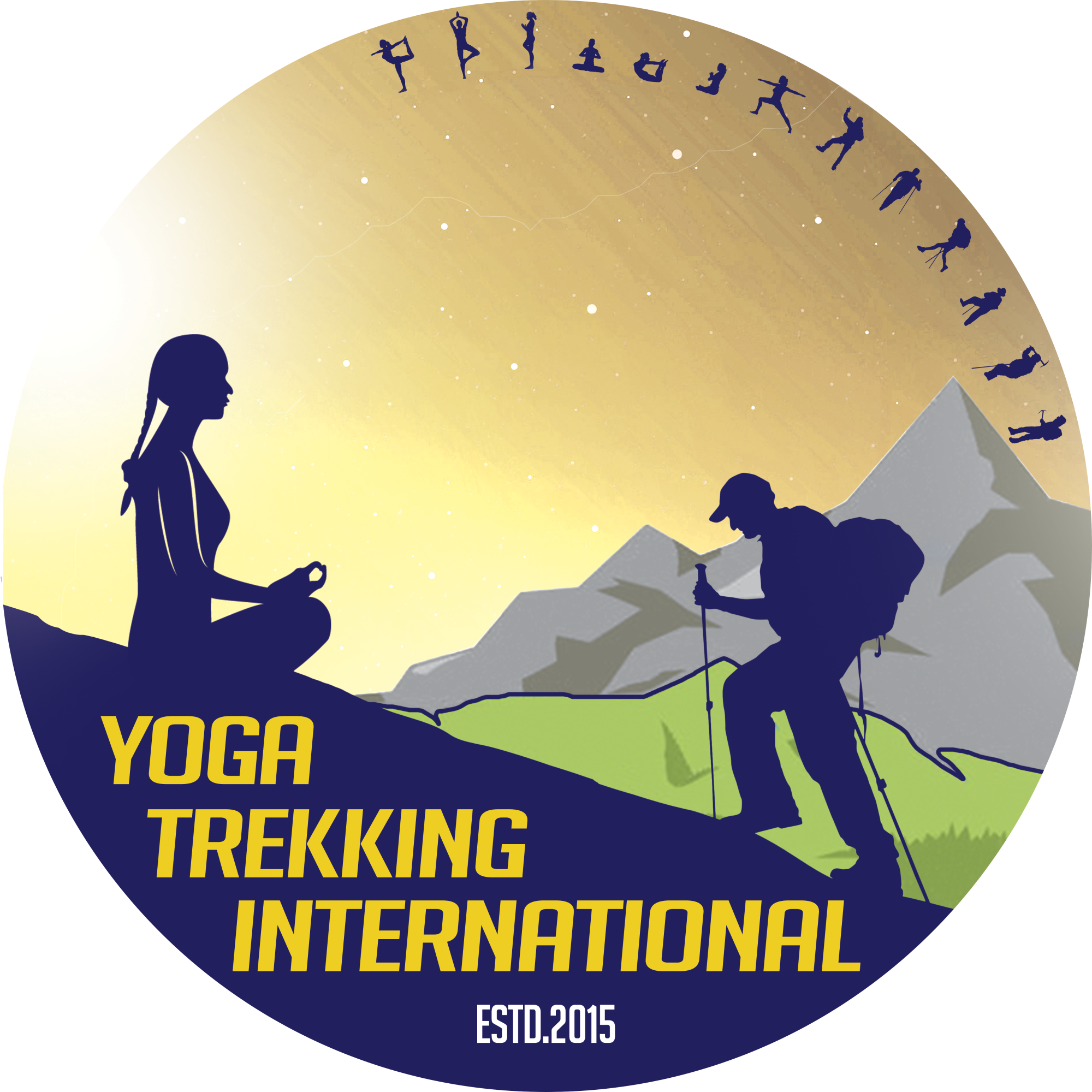 登山 桌布 壁紙 — 金色星空下，山脈前冥想女性和健行者的剪影，上方環繞著瑜伽姿勢。