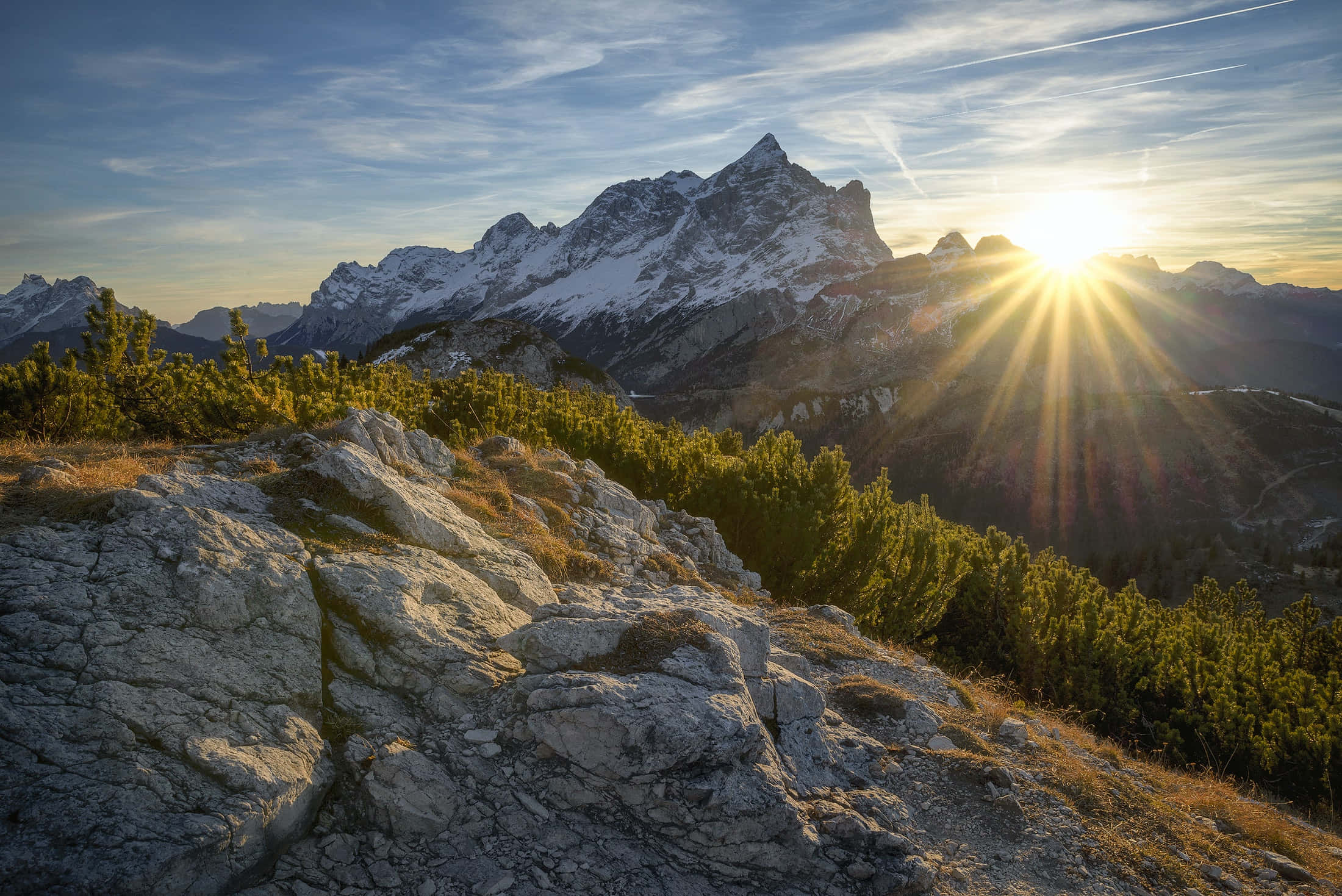 Mountain Scenery 桌布 壁紙 — 金色時刻，陽光照射在岩石前景和常綠灌木後方的積雪山峰上。