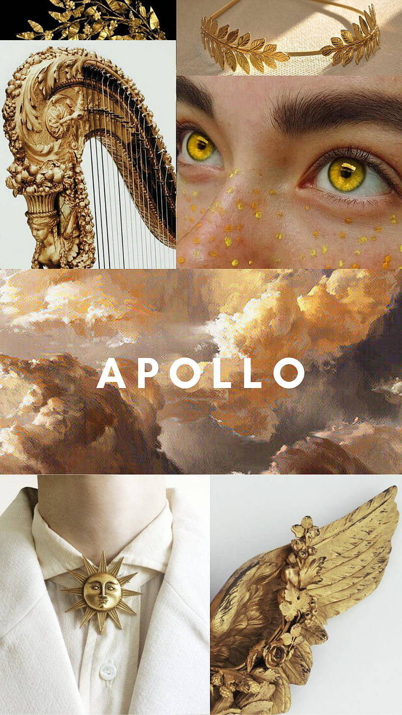 Greek Aesthetic 桌布 壁紙 — 金色月桂花環豎琴太陽光線胸針和有翼雕像框架的特寫，金色眼睛的臉孔映襯多雲天空，帶有「APOLLO」文字。