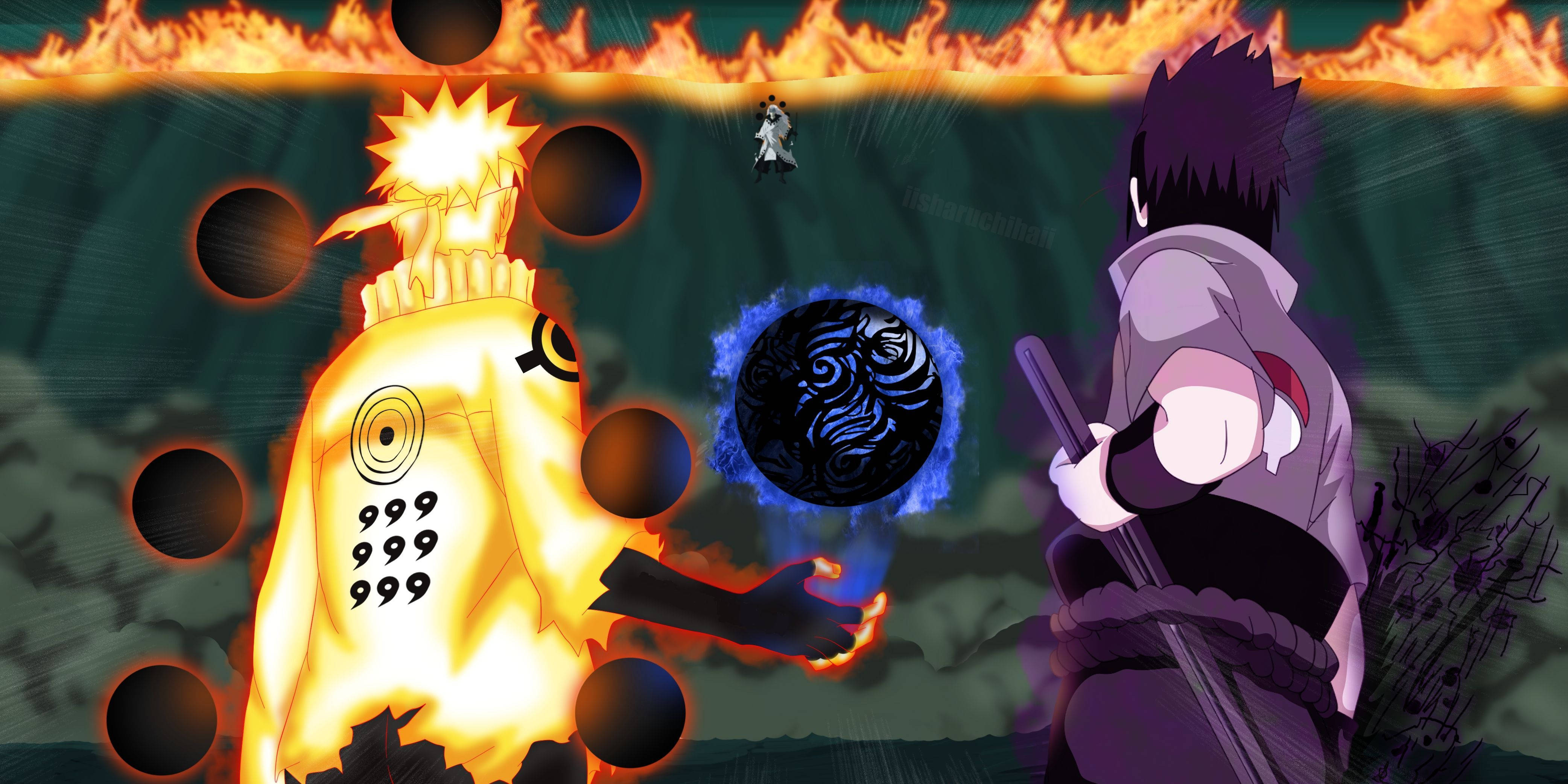 sasuke uchiha 桌布 壁紙 — 金色查克拉模式的鳴人與揮舞藍色查克拉球的佐助在火熱背景下交鋒。