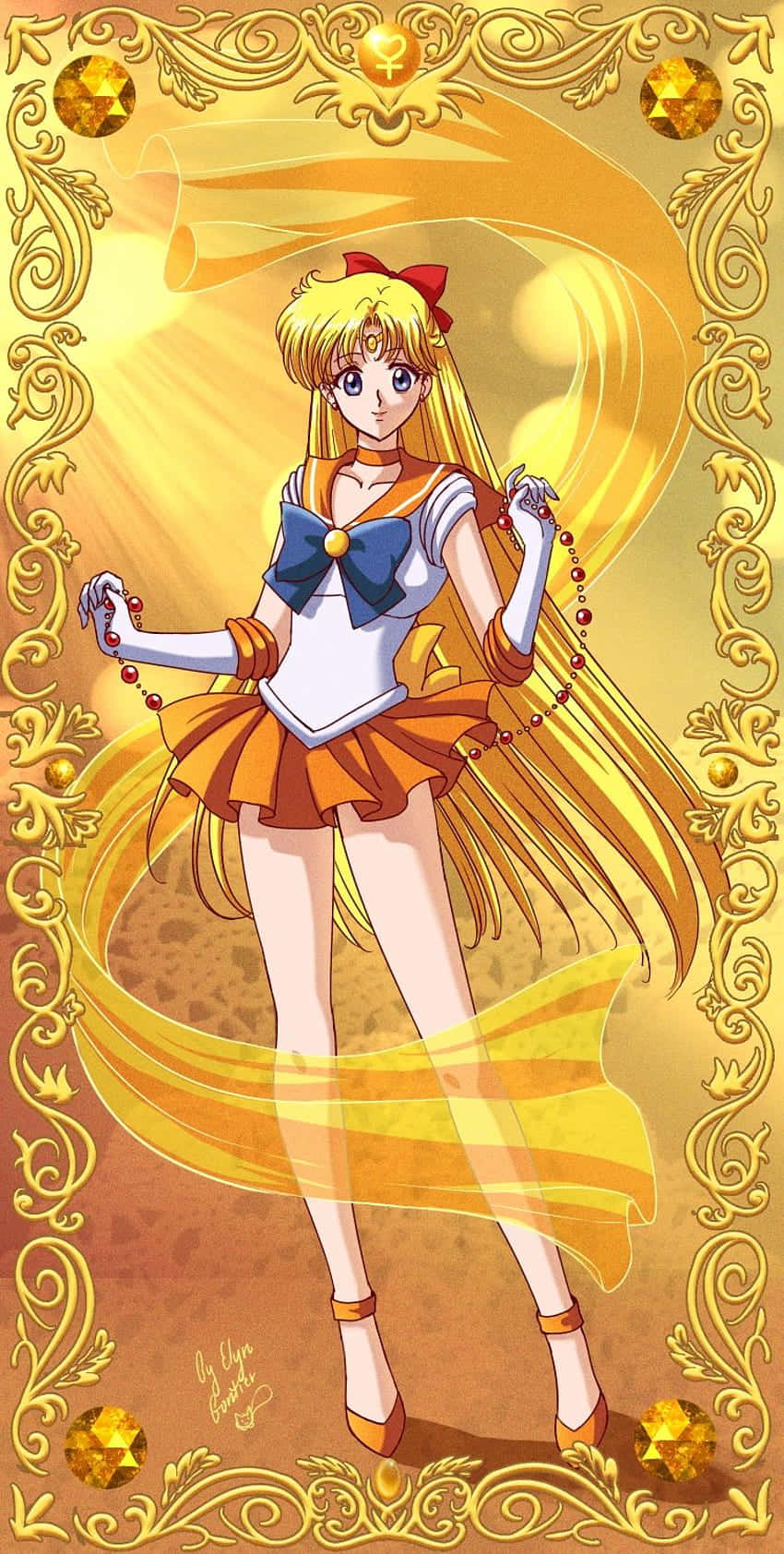 Sailor Venus 桌布 壁紙 — 金色框架中的動畫女孩，長金髮，穿著水手服，在溫暖背景中散發光芒。