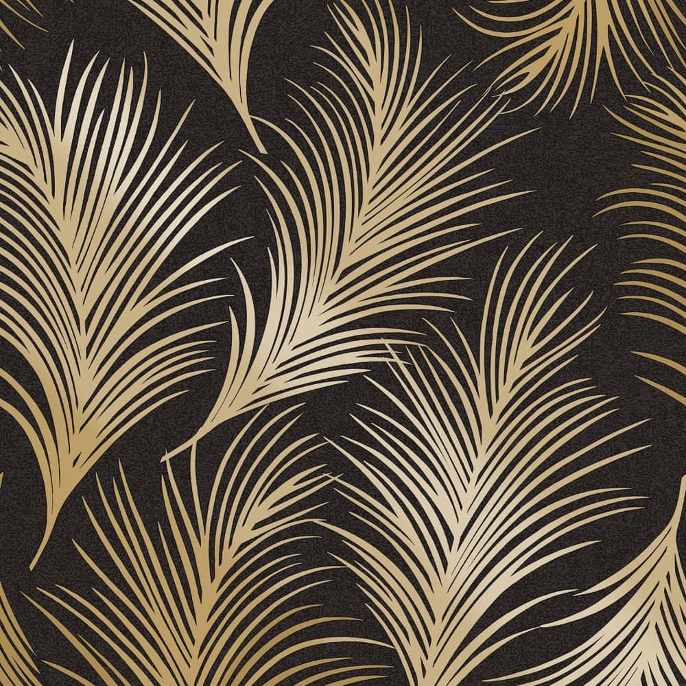 Palm Leaves 桌布 壁紙 — 金色棕櫚葉在帶有紋理的黑色背景上優雅地重疊，形成奢華的重複圖案。
