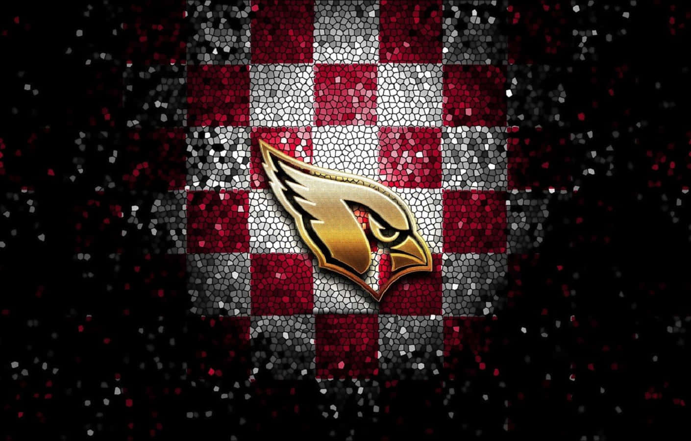 Arizona Cardinals 桌布 壁紙 — 金色樞機主教標誌居中於紅白格子馬賽克背景上，帶有閃爍的黑色斑點。