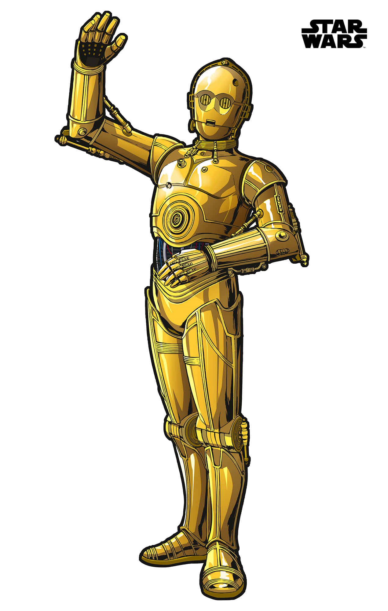 C-3po 桌布 壁紙 — 金色機器人 C-3PO 在星際大戰插圖中，對著純白色背景揮動一隻手。