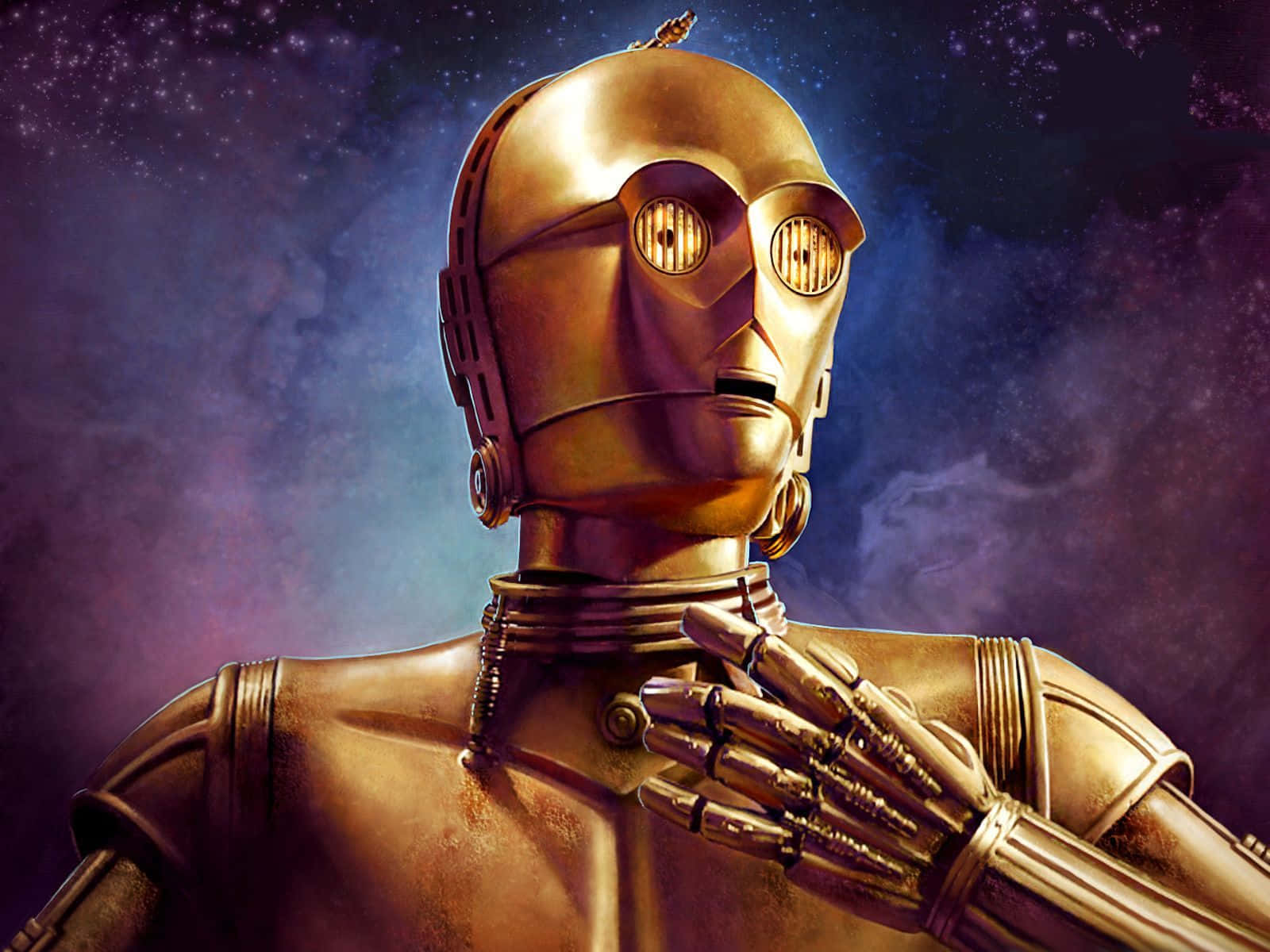 C-3po 桌布 壁紙 — 金色機器人C-3PO莊嚴地站在星空宇宙背景下，一隻手輕輕放在胸前。