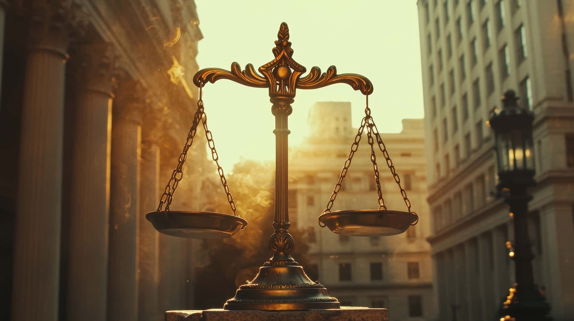 Scales of Justice in Front of Historic Courthouse 壁紙 — 金色正義天秤在古典圓柱與現代建築之間，於溫暖的夕陽光下閃耀。