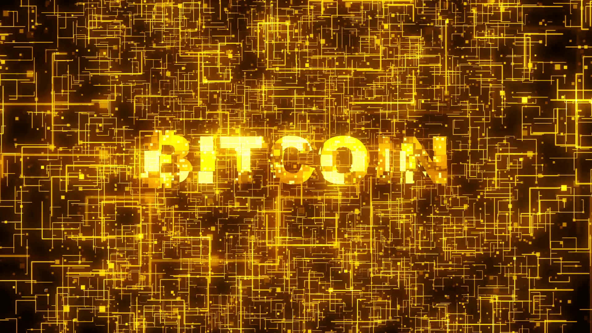 4K Bitcoin 桌布 壁紙 — 金色比特幣文字在黑暗背景上的複雜電路線中發光。