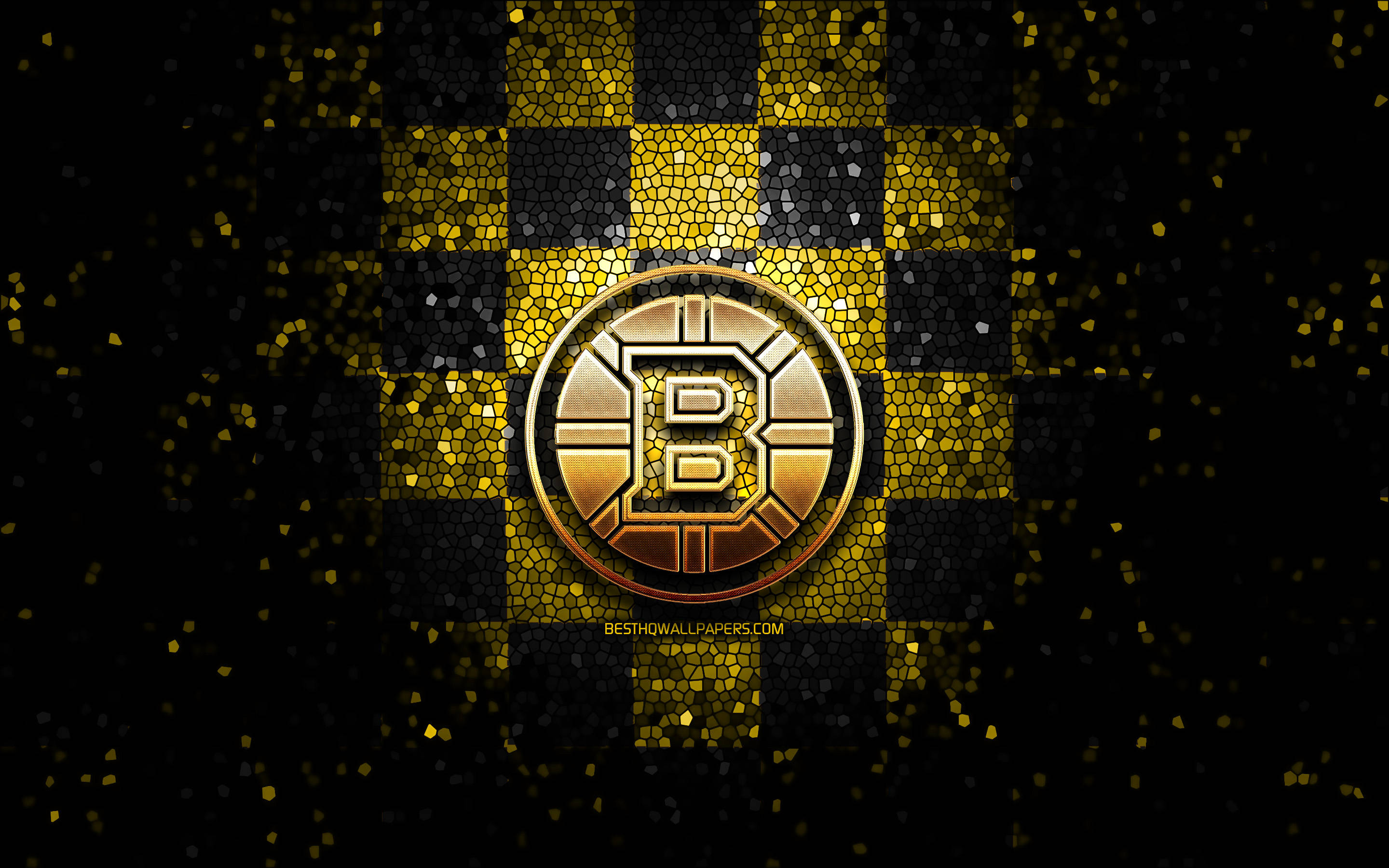Boston Bruins Logo 桌布 壁紙 — 金色比特幣標誌在黑金馬賽克網格中央閃耀，周圍有閃爍粒子旋轉。