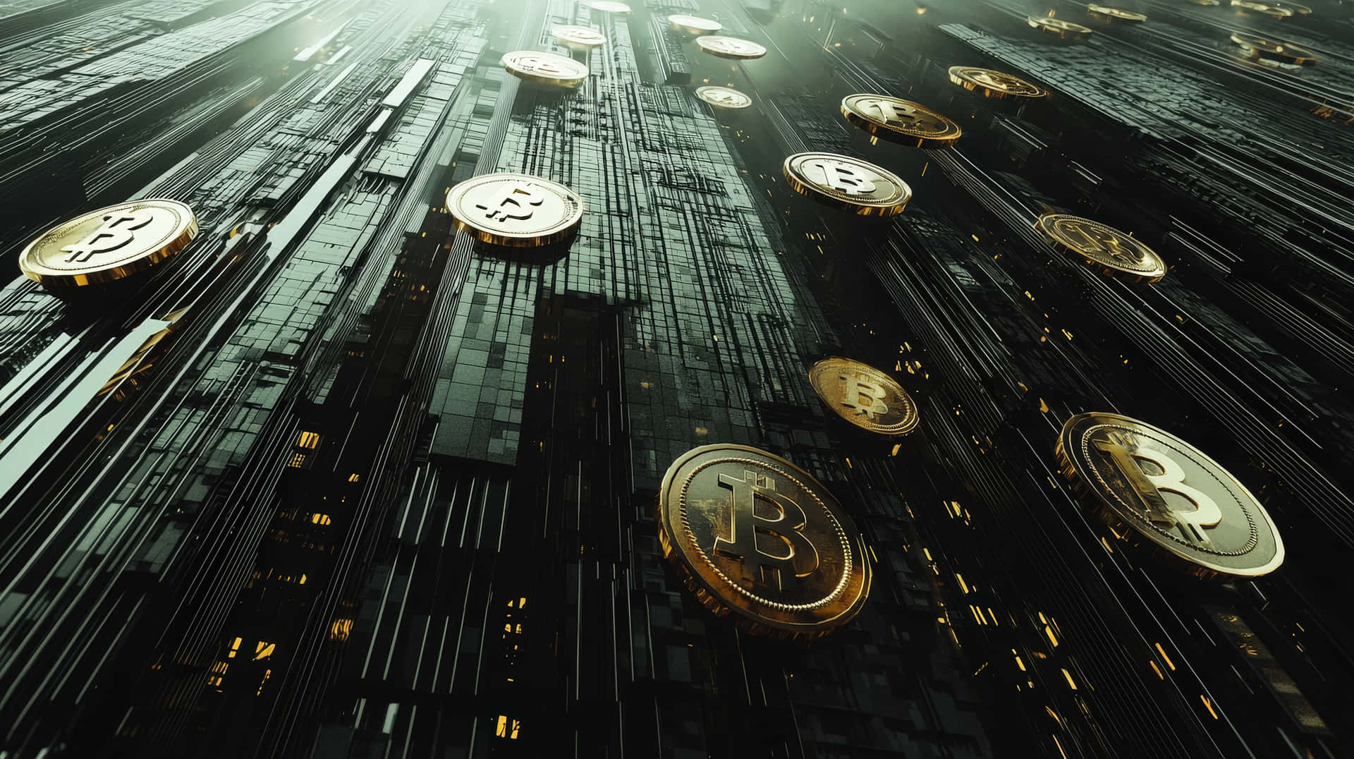 Golden Bitcoin coins appear to float in a high-tech digital cyber environment 壁紙 — 金色比特幣漂浮並像瀑布般落在一個帶有發光數位線條的未來主義黑暗城市景觀中。