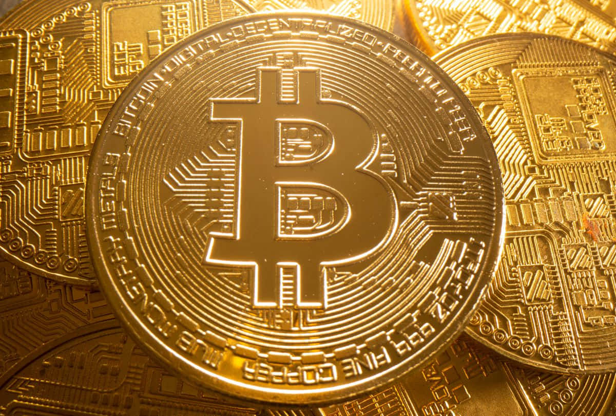 Coin 桌布 壁紙 — 金色比特幣硬幣帶有電路板圖案，在暖光下閃閃發光，特寫鏡頭。
