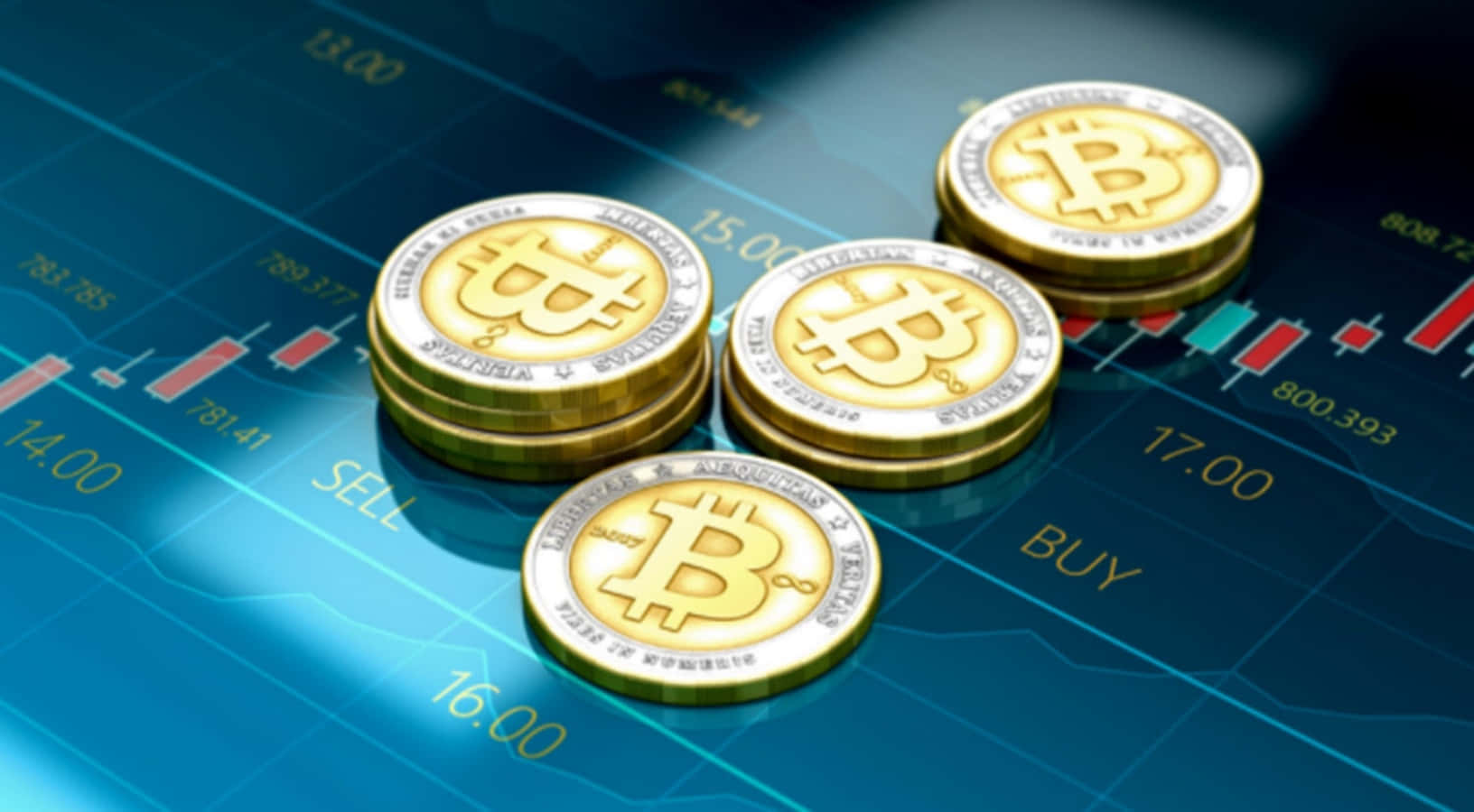 比特幣 桌布 壁紙 — 金色比特幣硬幣放在一個發光的藍色金融圖表上，顯示買入和賣出訂單。
