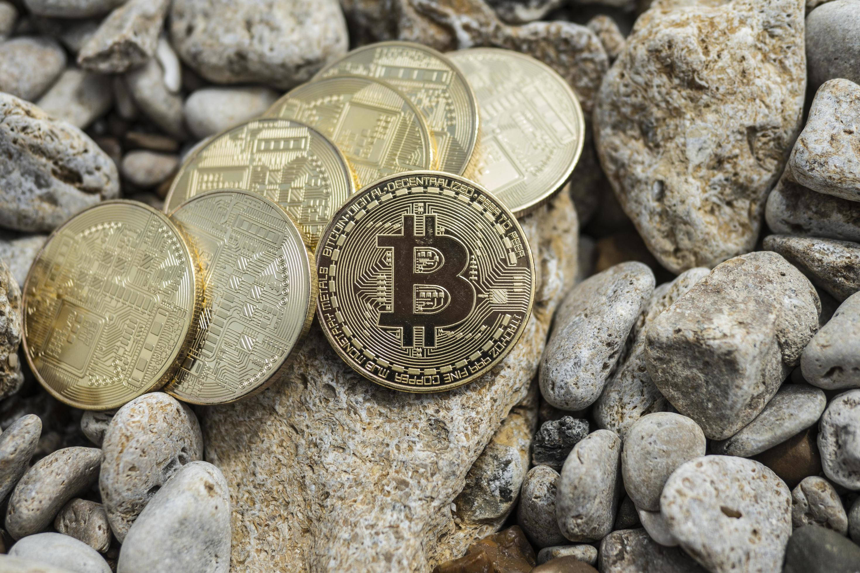 Cryptocurrency 桌布 壁紙 — 金色比特幣硬幣放在灰色河石之間，特寫鏡頭突出數位貨幣和自然紋理。