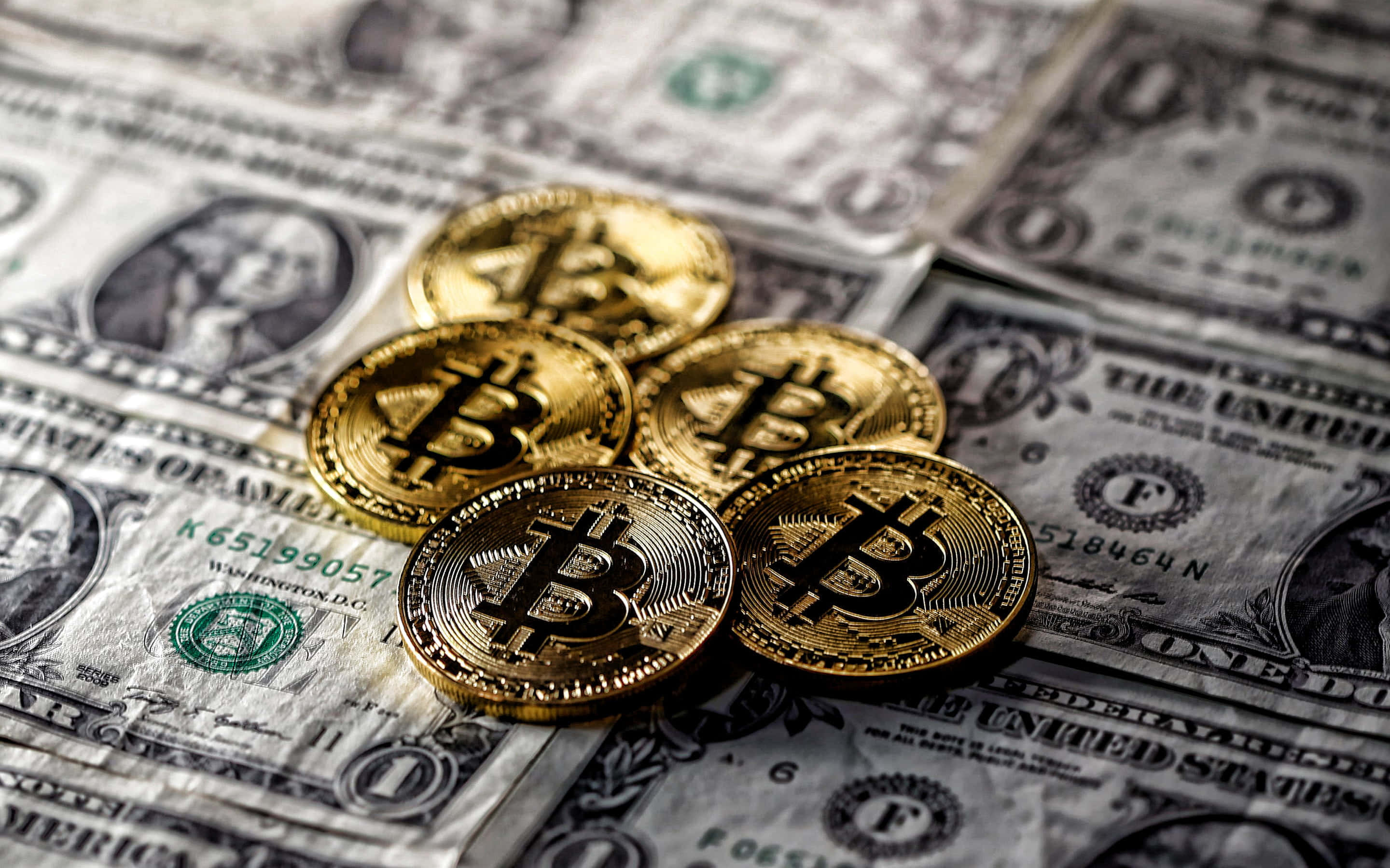 金融 桌布 壁紙 — 金色比特幣硬幣放在美鈔上，特寫金融構圖。