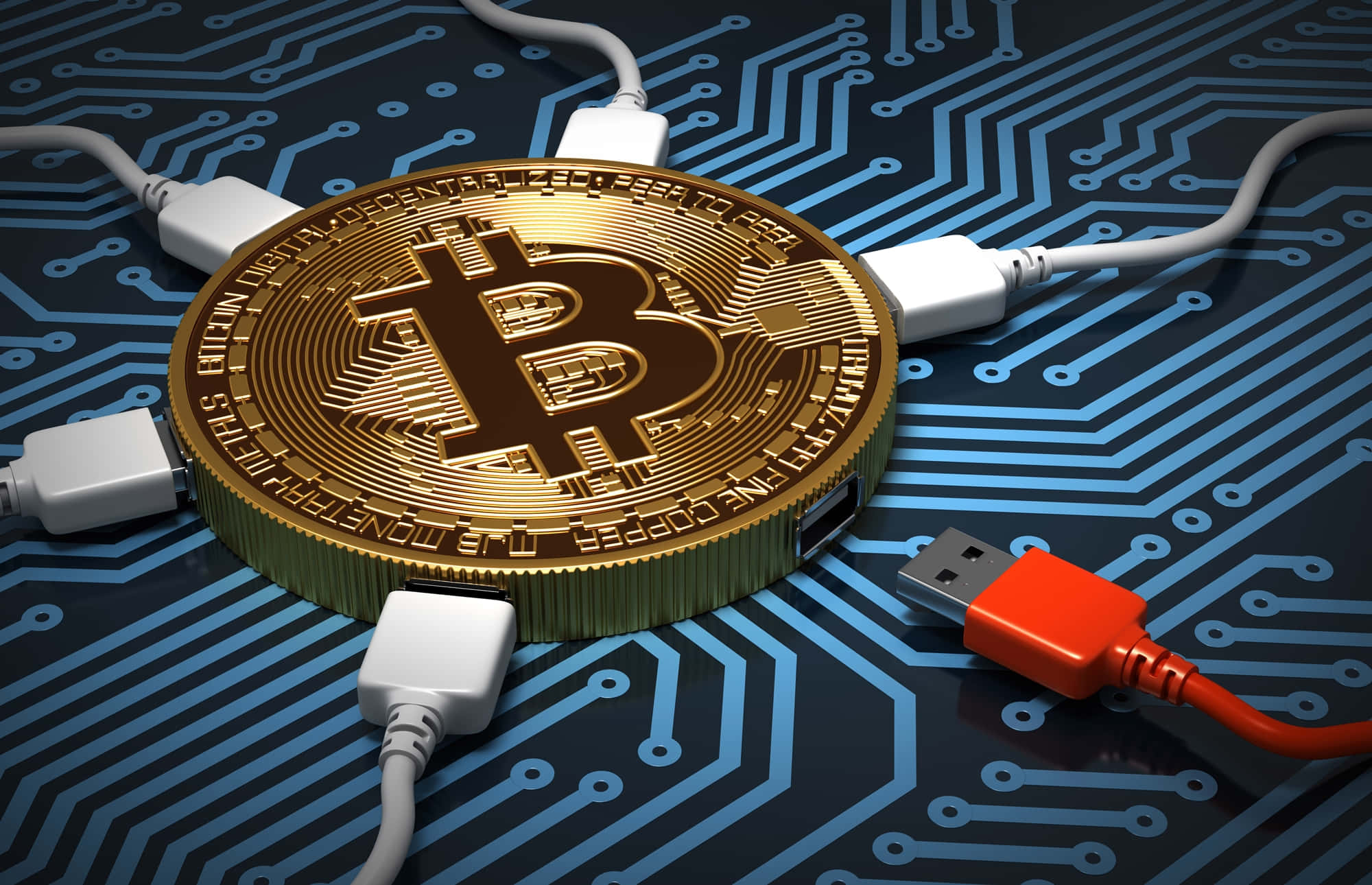 比特幣 桌布 壁紙 — 金色比特幣被USB線包圍在藍色電路板背景上。