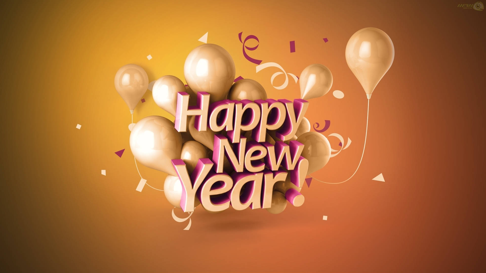 New 桌布 壁紙 — 金色氣球和五彩紙屑在溫暖漸變背景上的3D「Happy New Year!」文字周圍爆開。