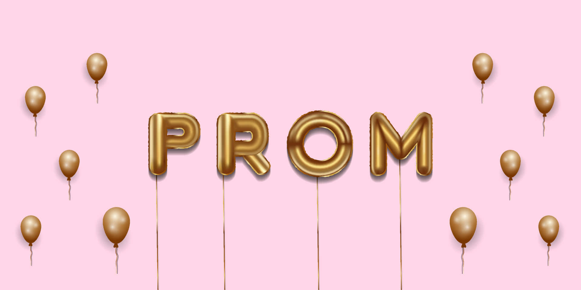 Prom 桌布 壁紙 — 金色氣球字母拼出PROM，漂浮在柔和的粉紅色背景上，散落著金色氣球。