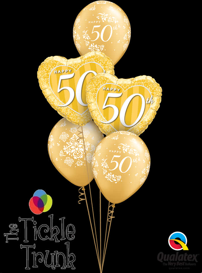 Gold Balloons 桌布 壁紙 — 金色氣球帶有 'Happy 50th' 文字和花卉圖案，在黑色背景上漂浮。
